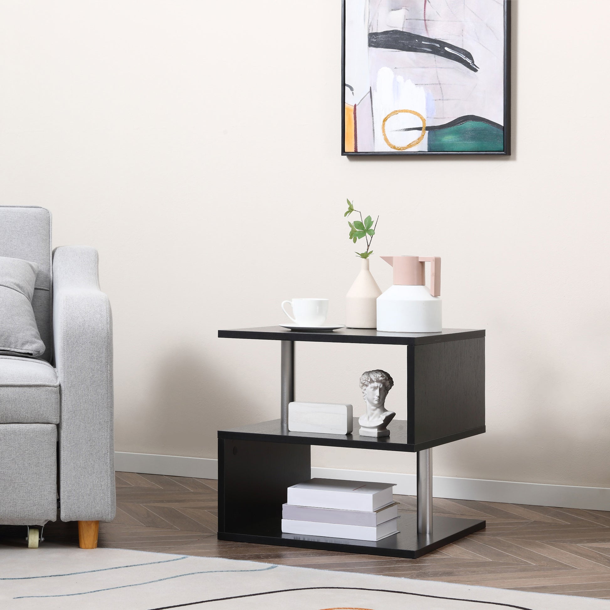 HOMCOM S-Shape 3-Tier Wooden End Table: Modern Black Storage Shelves