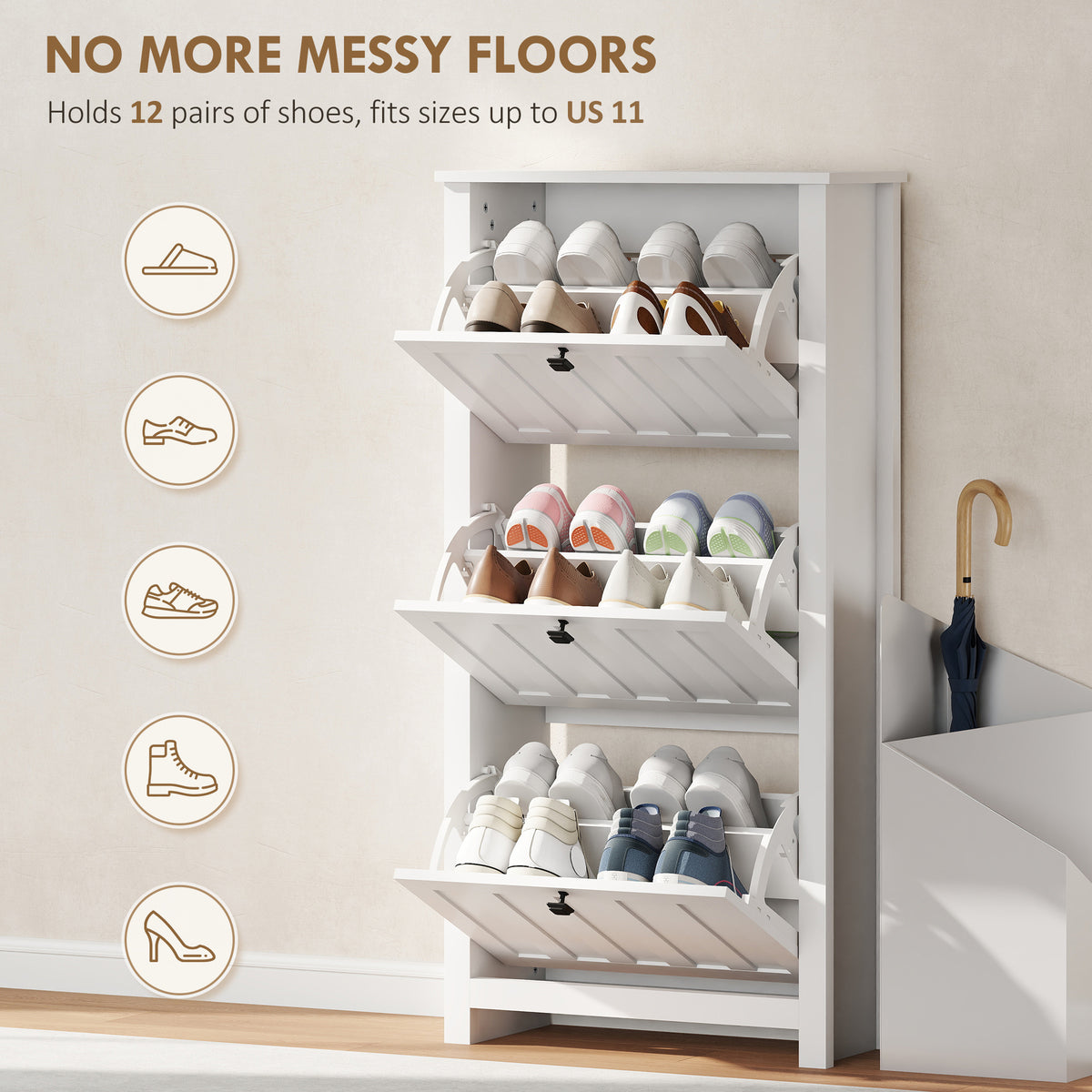 Slim Shoe Cabinet with 3 Flip Drawers – 24"W x 47"H