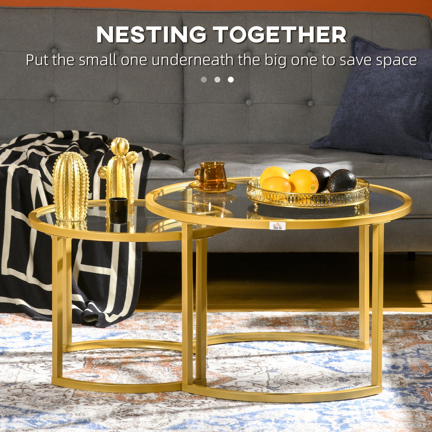 HOMCOM Modern Round Nesting Coffee Table Set - Tempered Glass & Gold Steel Frame