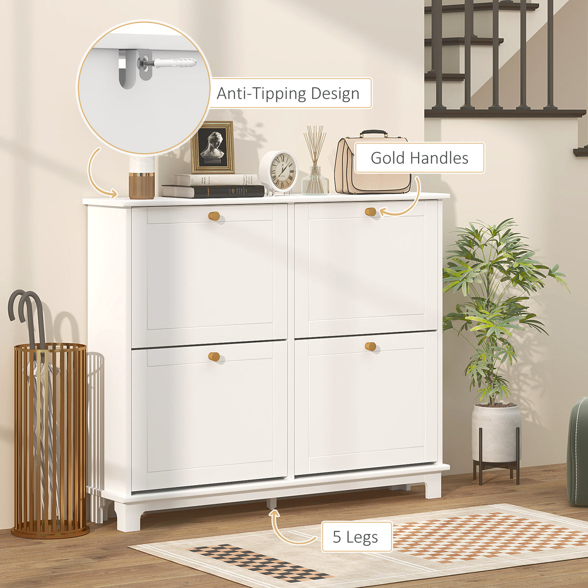 Modern Narrow Shoe Cabinet with 4 Flip Drawers – 47"W x 34"H