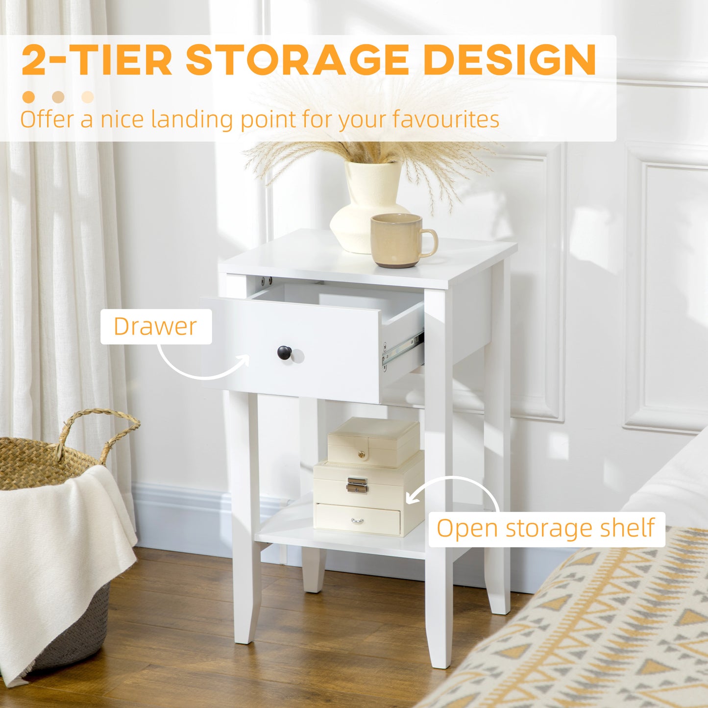 HOMCOM Modern White 2-Tier Side Table with Drawer & Storage