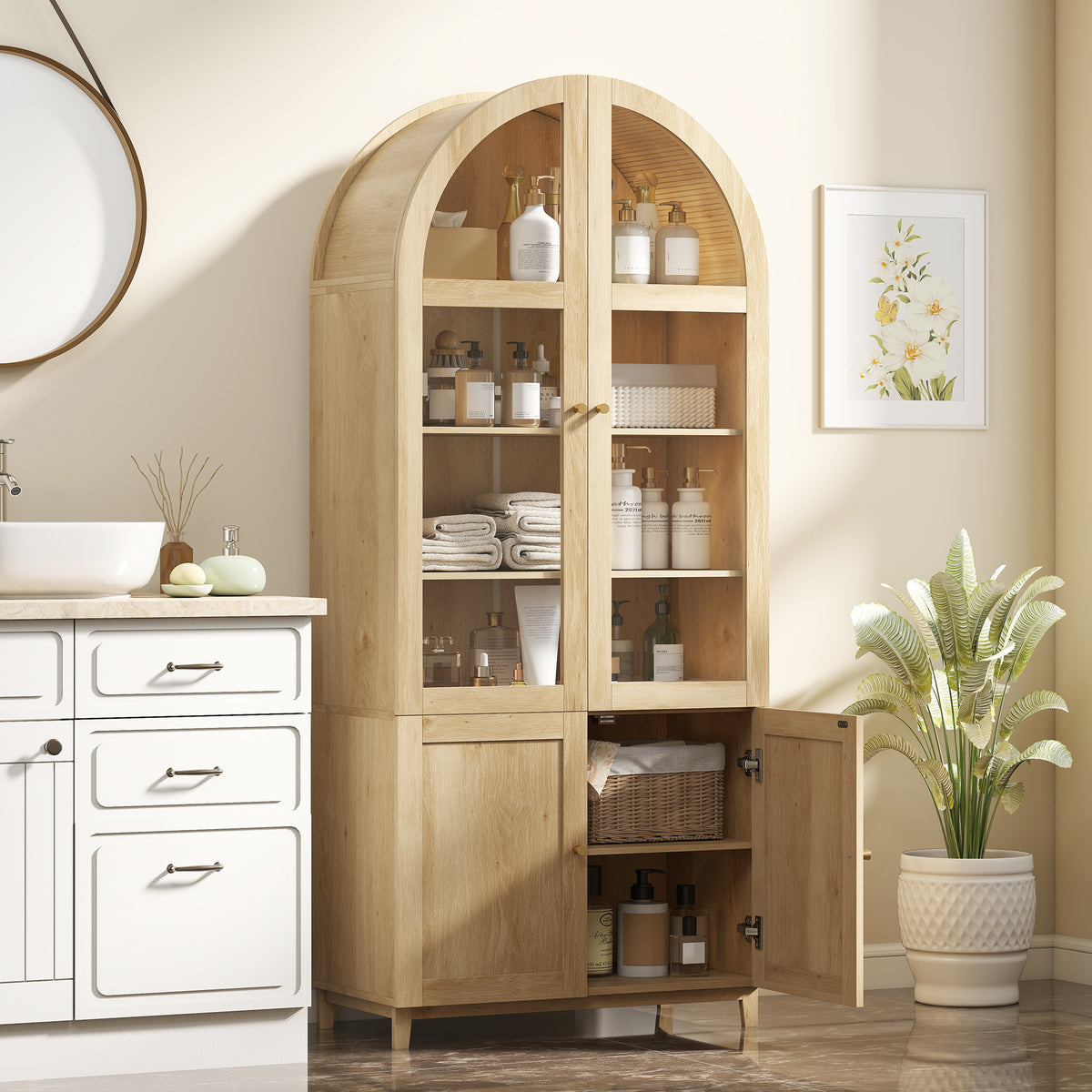 Farmhouse Kitchen Storage Cabinet with Acrylic Glass Doors – 31"W x 71"H