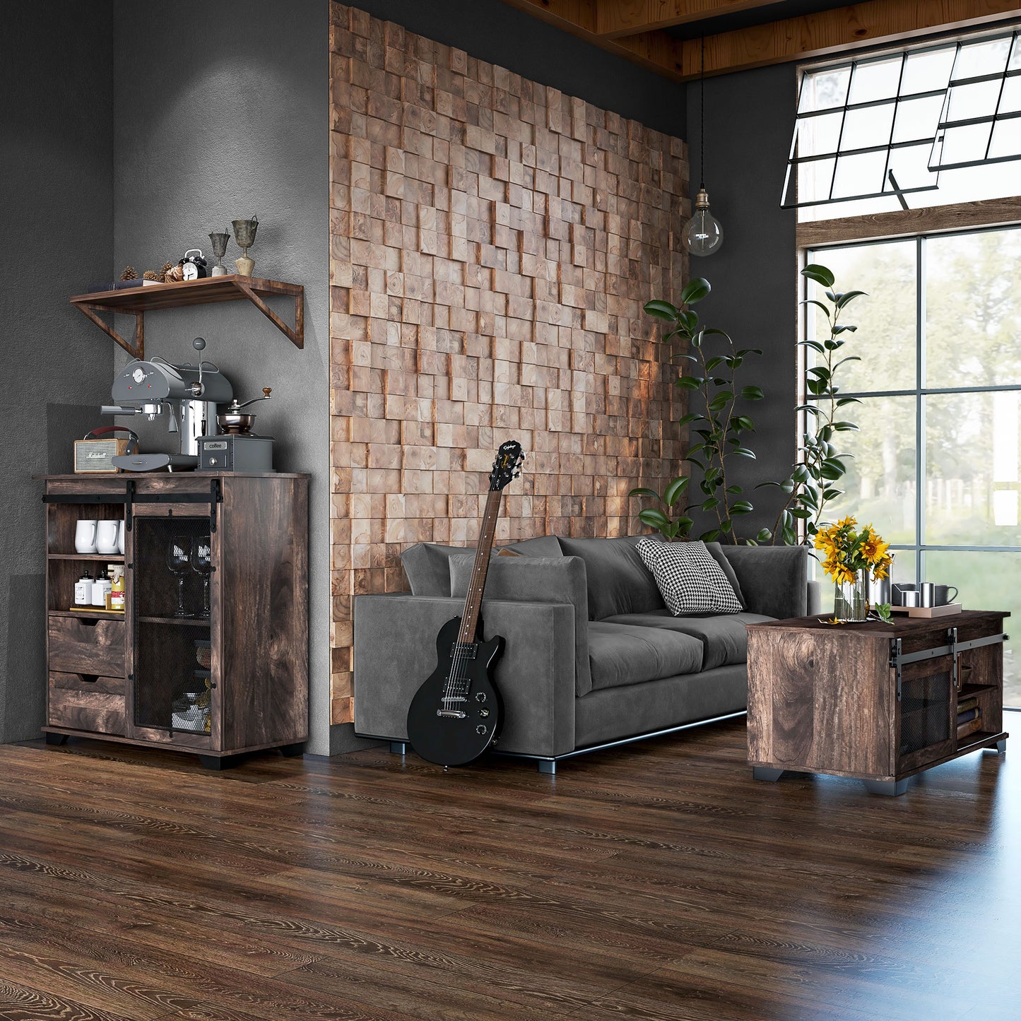 HOMCOM Farmhouse Industrial Coffee Table with Sliding Barn Door, Adjustable Shelf, Dark Brown