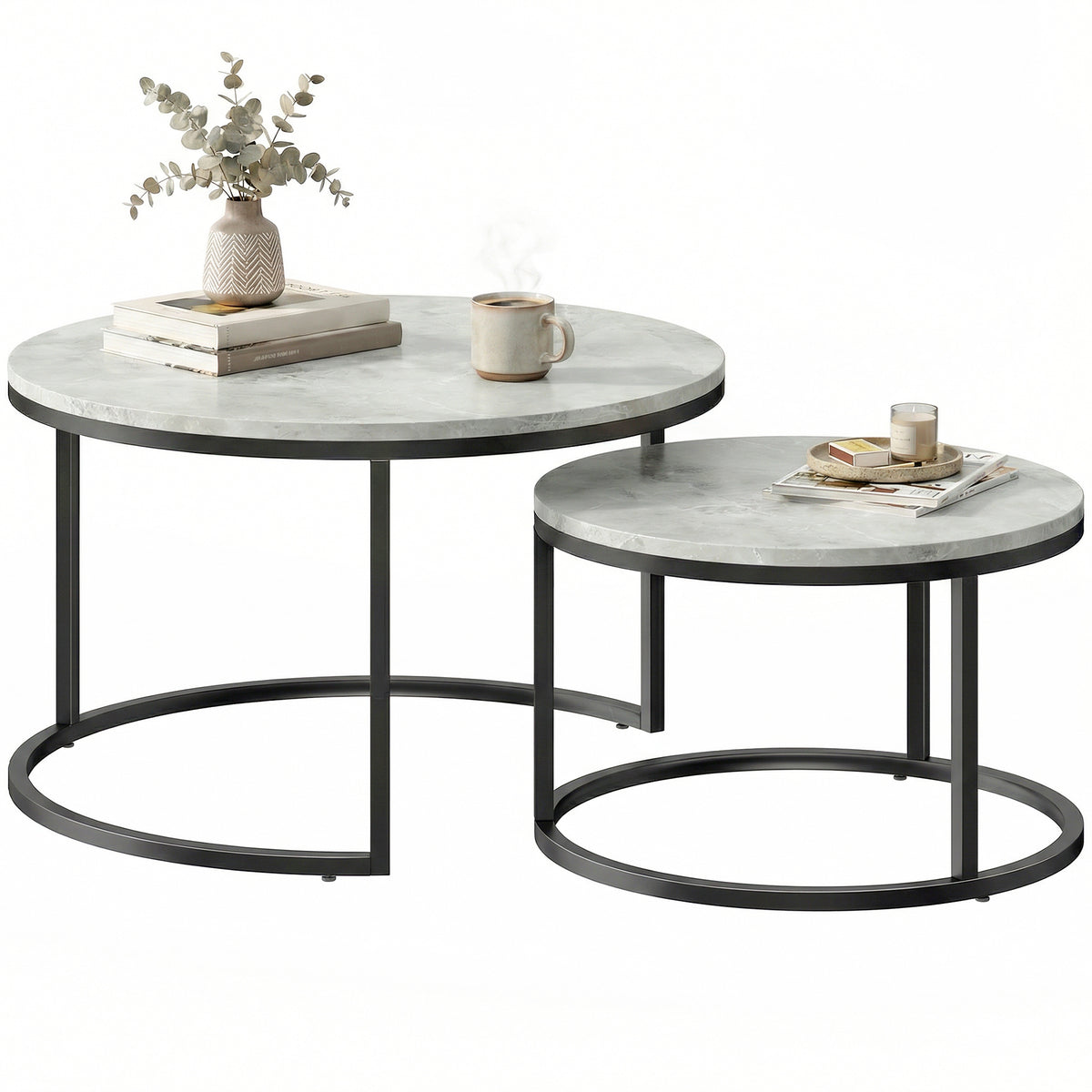 Round Nesting Coffee Table Set of 2, Marble-Effect Top, Metal Base, Grey