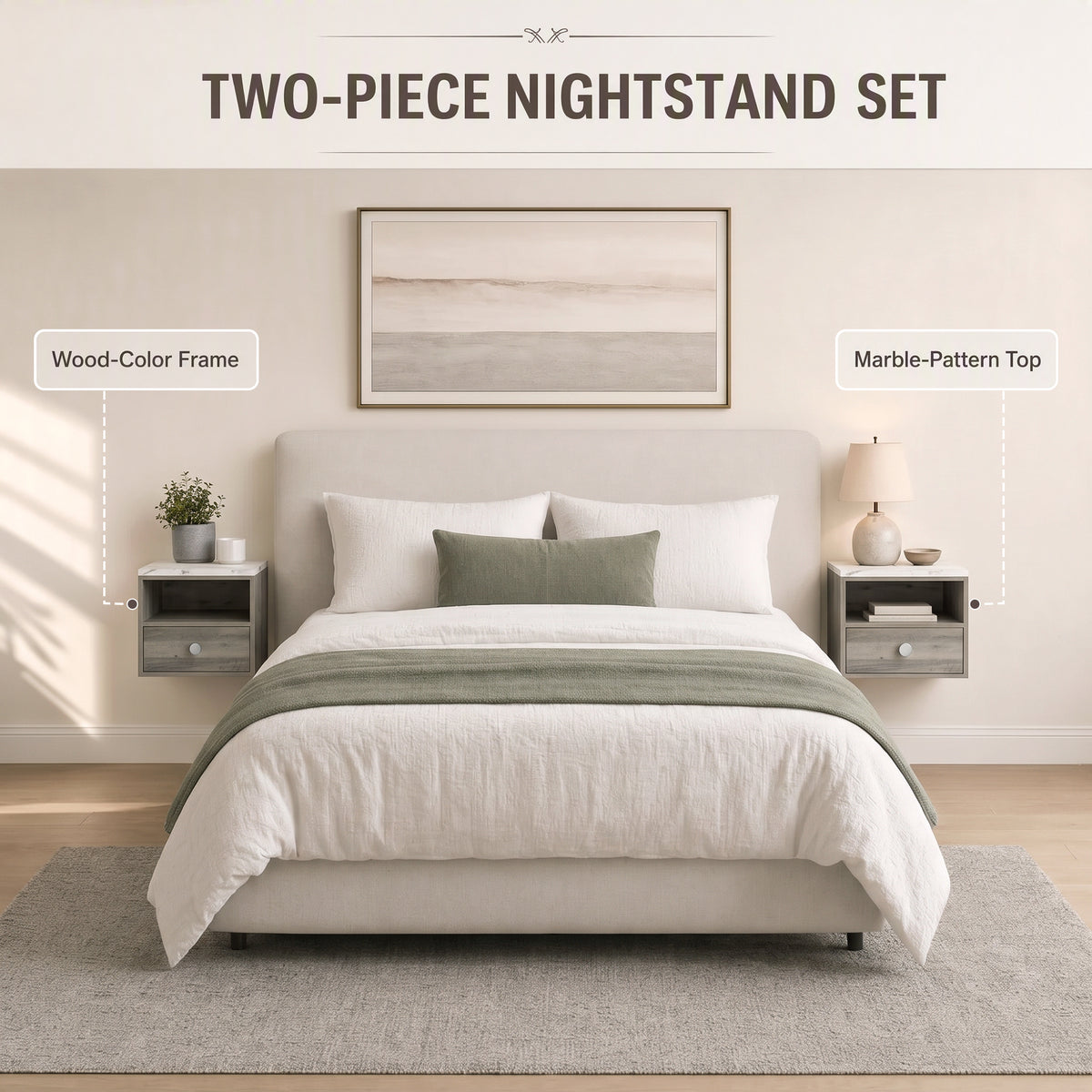 Floating Nightstands with Marble-Effect Top, Set of 2 – 11"W x 10"H