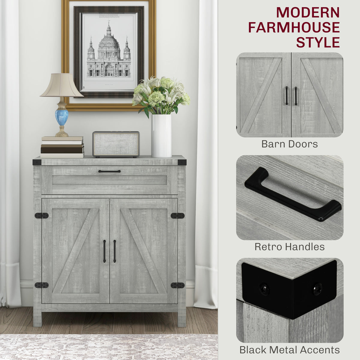 Sideboard Buffet Cabinet with 2 Rustic Barn Doors and Drawer – 30"W x 33"H