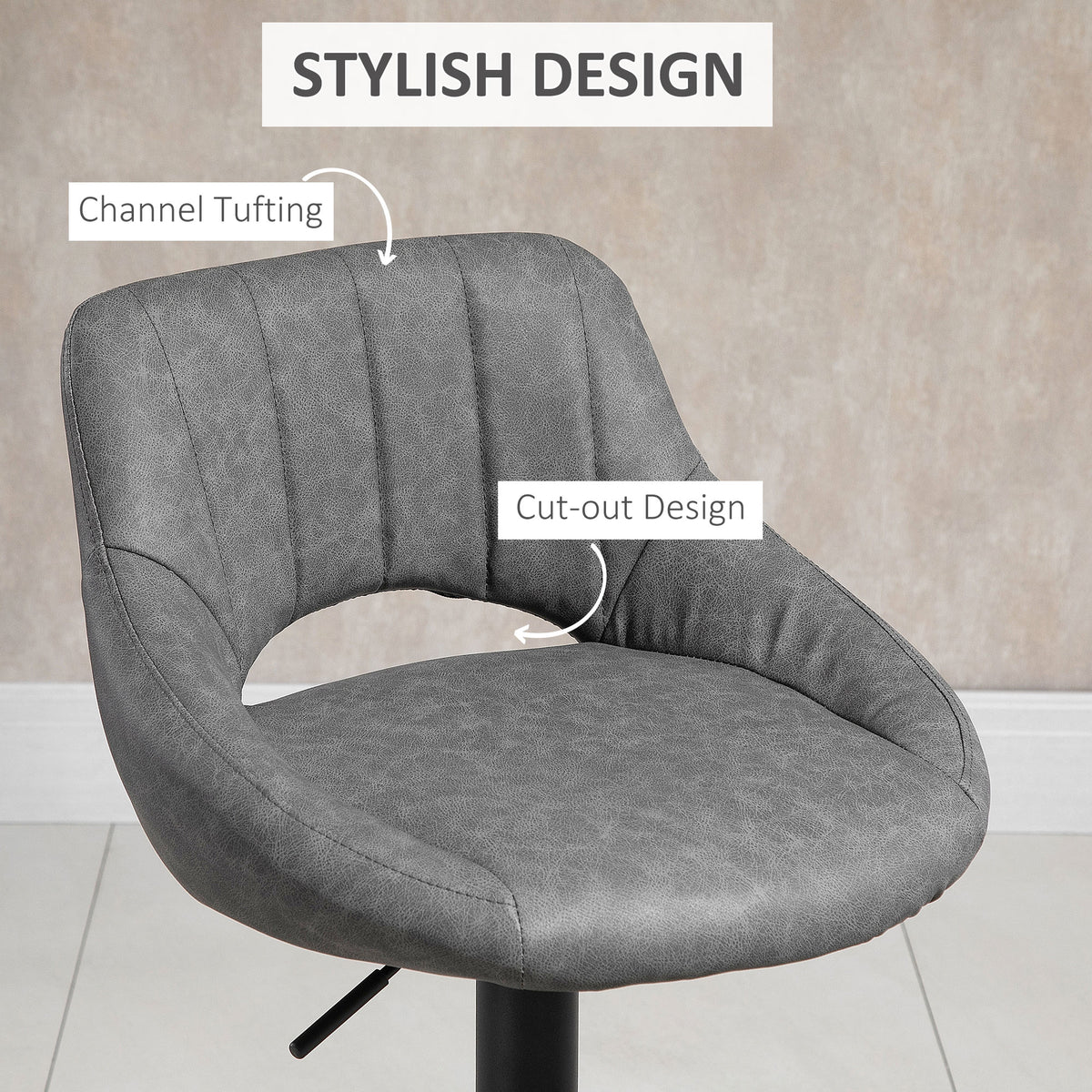 Faux Leather Swivel Counter Stools with Cutout Back, Set of 2, Grey