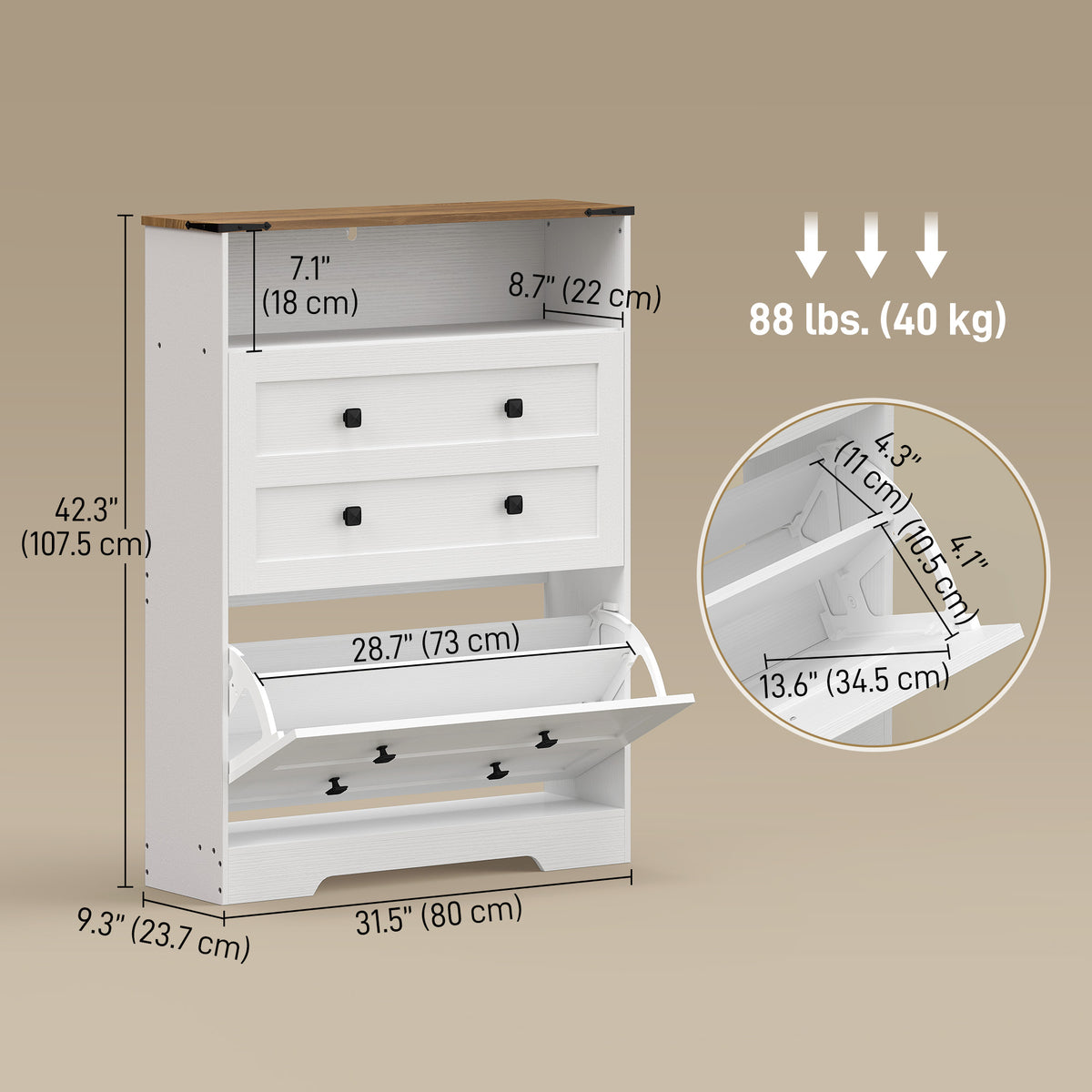 Slim Entryway Shoe Cabinet with 2 Flip Drawers – 31"W x 43"H