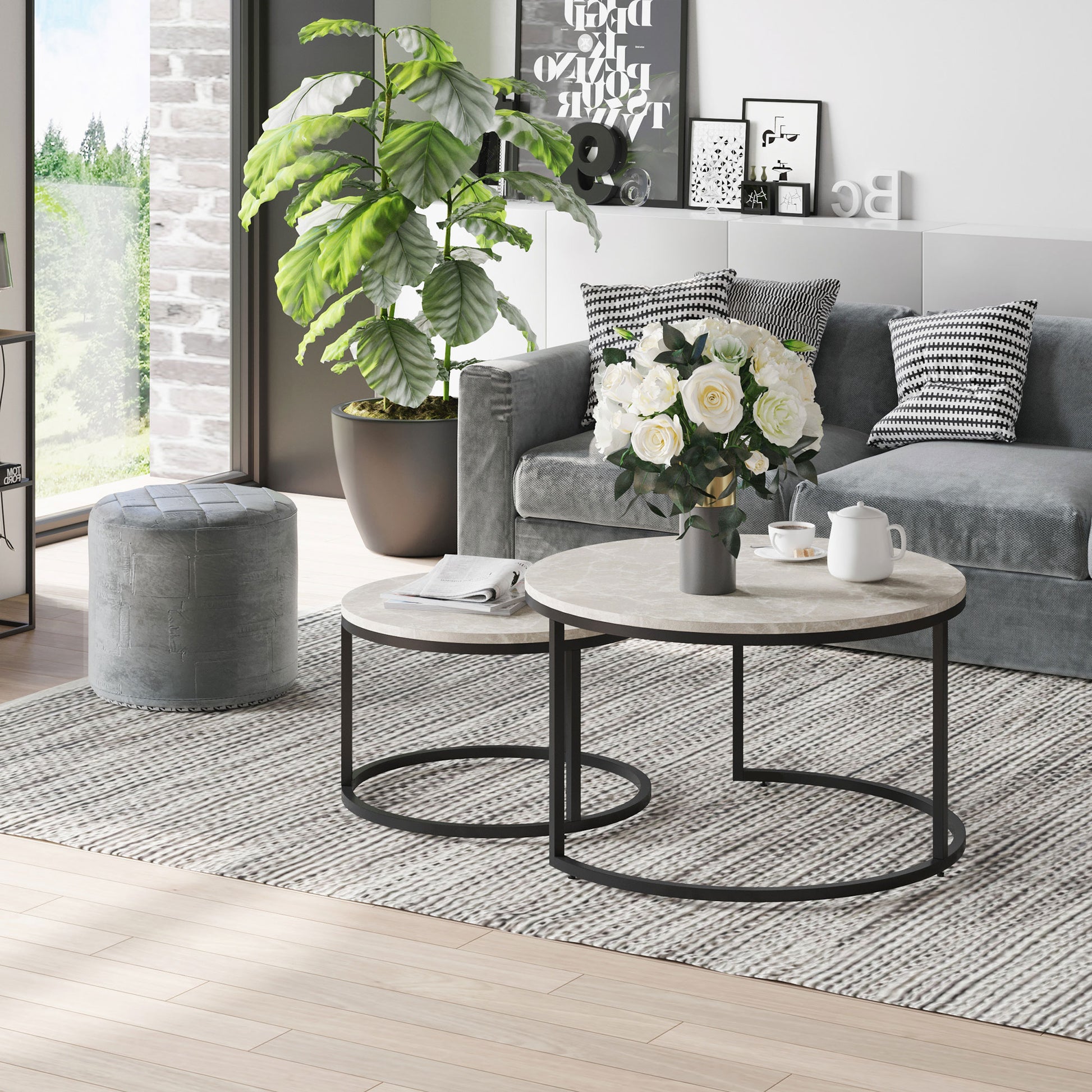HOMCOM Modern 2-Piece Nesting Coffee Table Set, Round Cement Grey Living Room