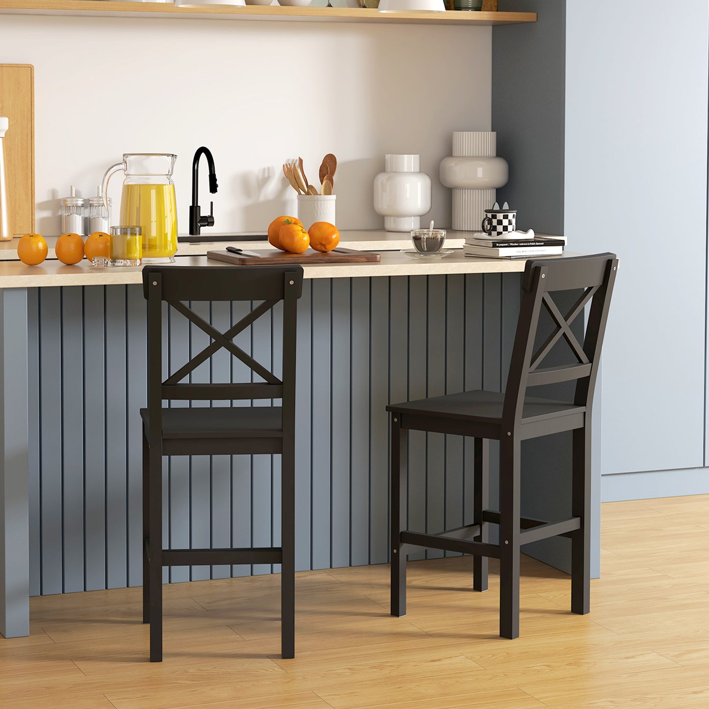 HOMCOM Farmhouse Counter Height Bar Stools Set, Solid Wood Backs, 2-Pack