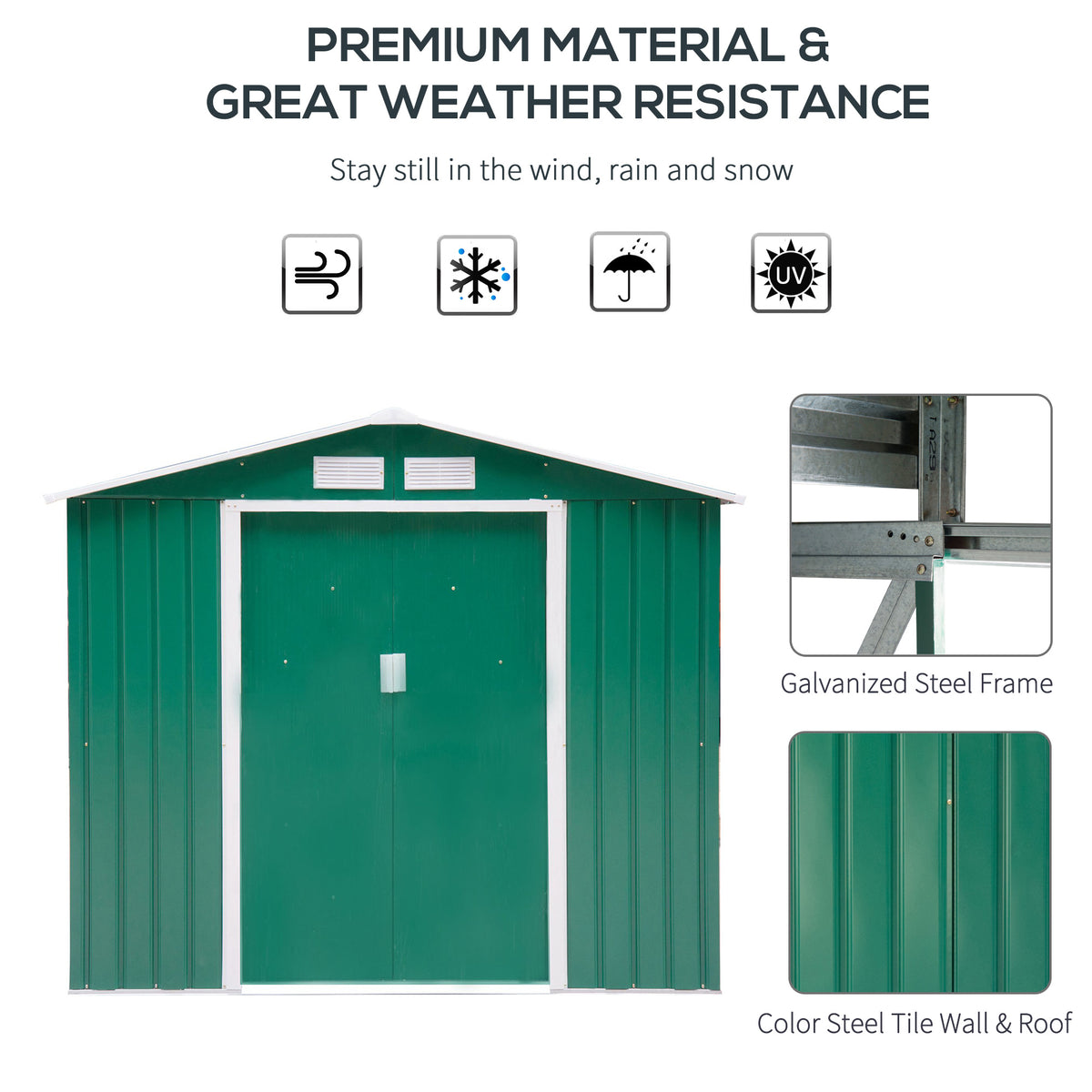 7'x 4'x 6' Garden Tool Shed Metal Storage Shed w/ Foundation Kit, Vents and Double Doors – Green
