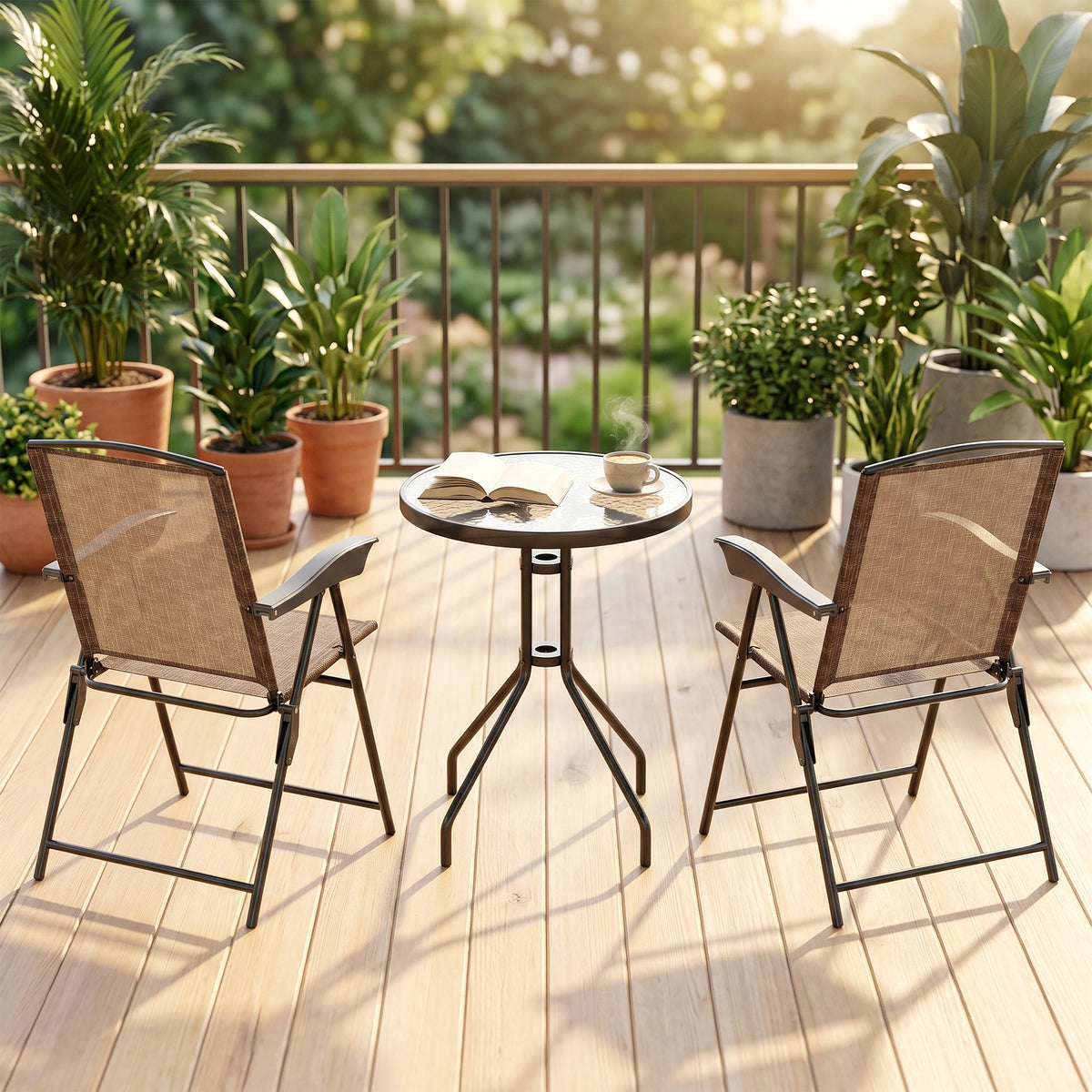 Folding Outdoor Bistro Set, Patio Table and Chairs with Reclining Backrest and Round Dining Table