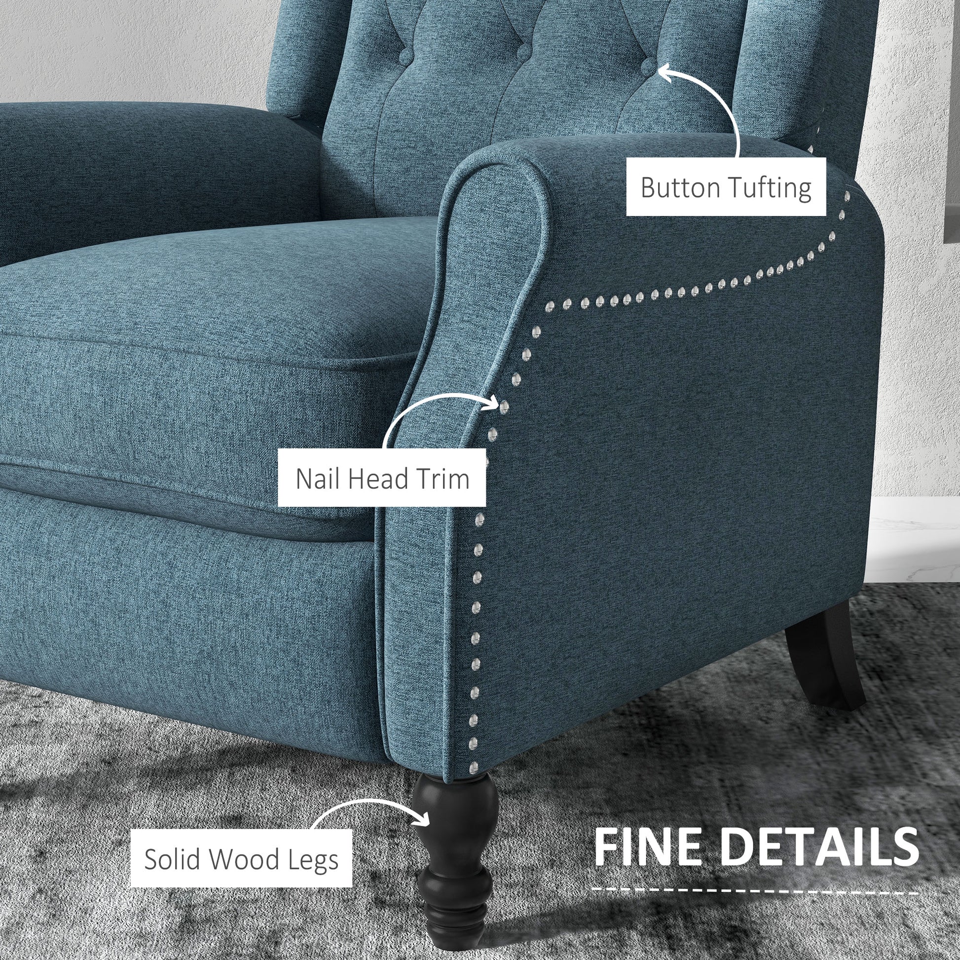 HOMCOM Blue Wingback Recliner Chair, Footrest, Tufted Rolled Armrests