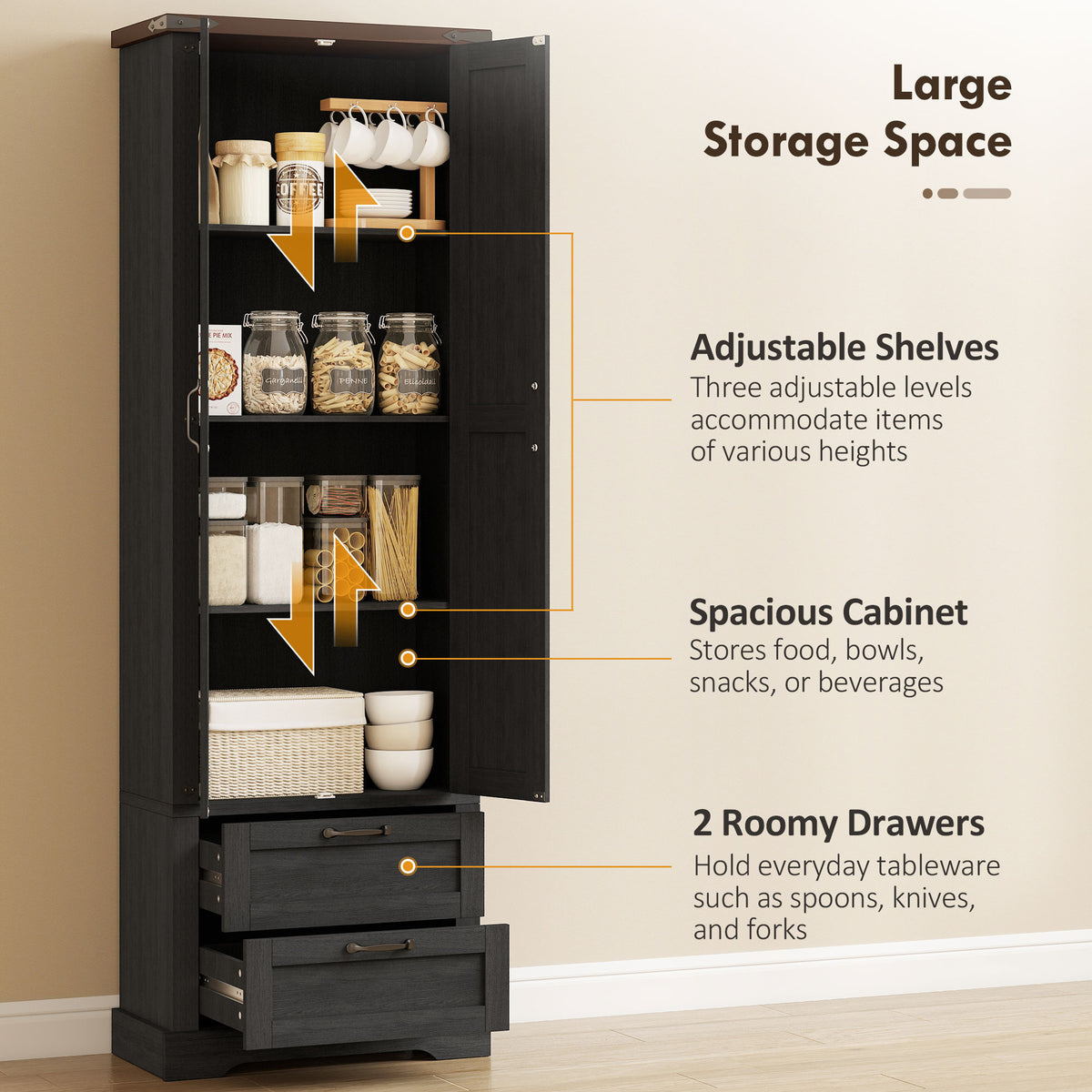Farmhouse Kitchen Storage Cabinet with 2 Drawer and Adjustable Shelves – 24"W x 71"H