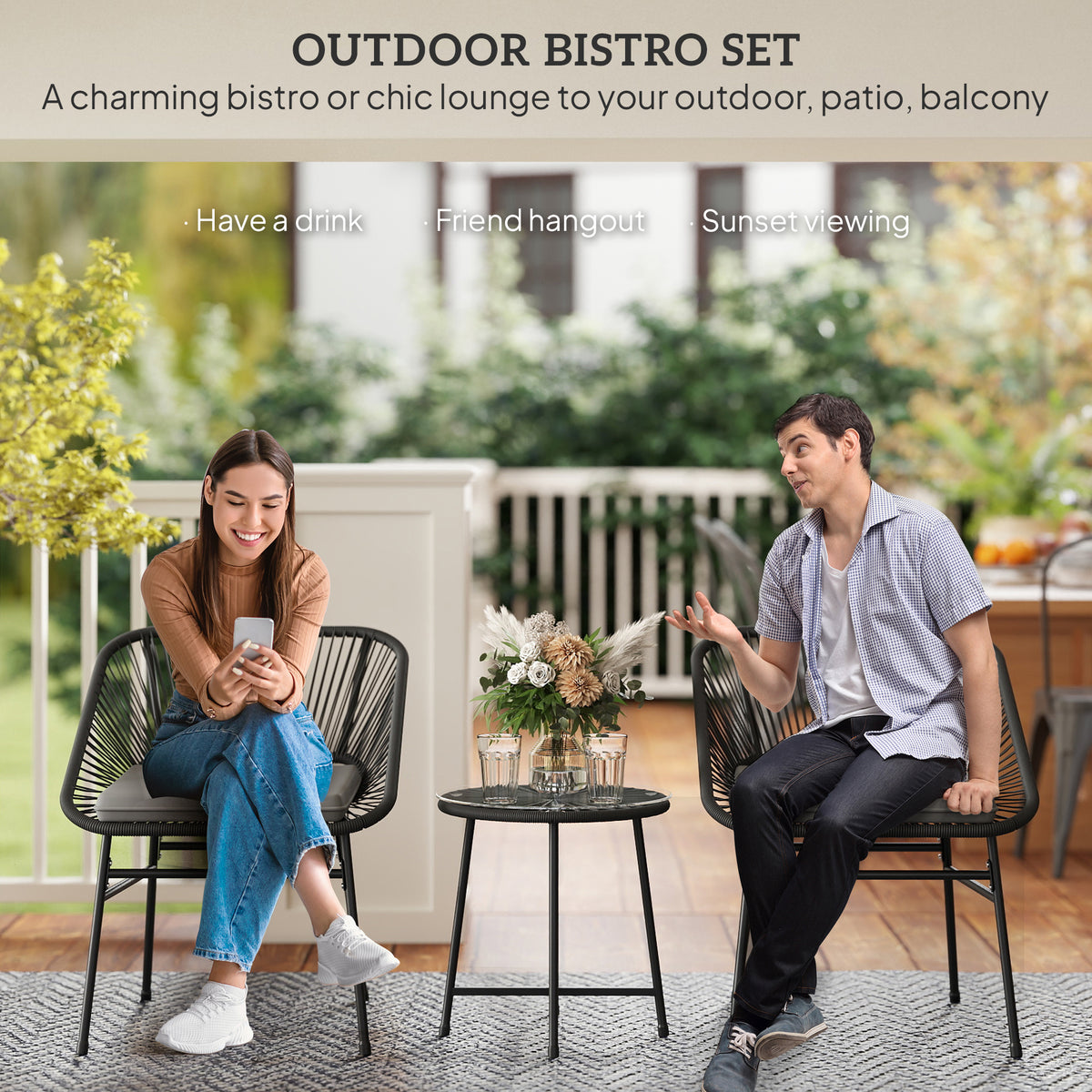 3 Piece Bistro Set, Wicker Outdoor Patio Furniture Set with Glass Top Table, Cushions for Balcony, Porch