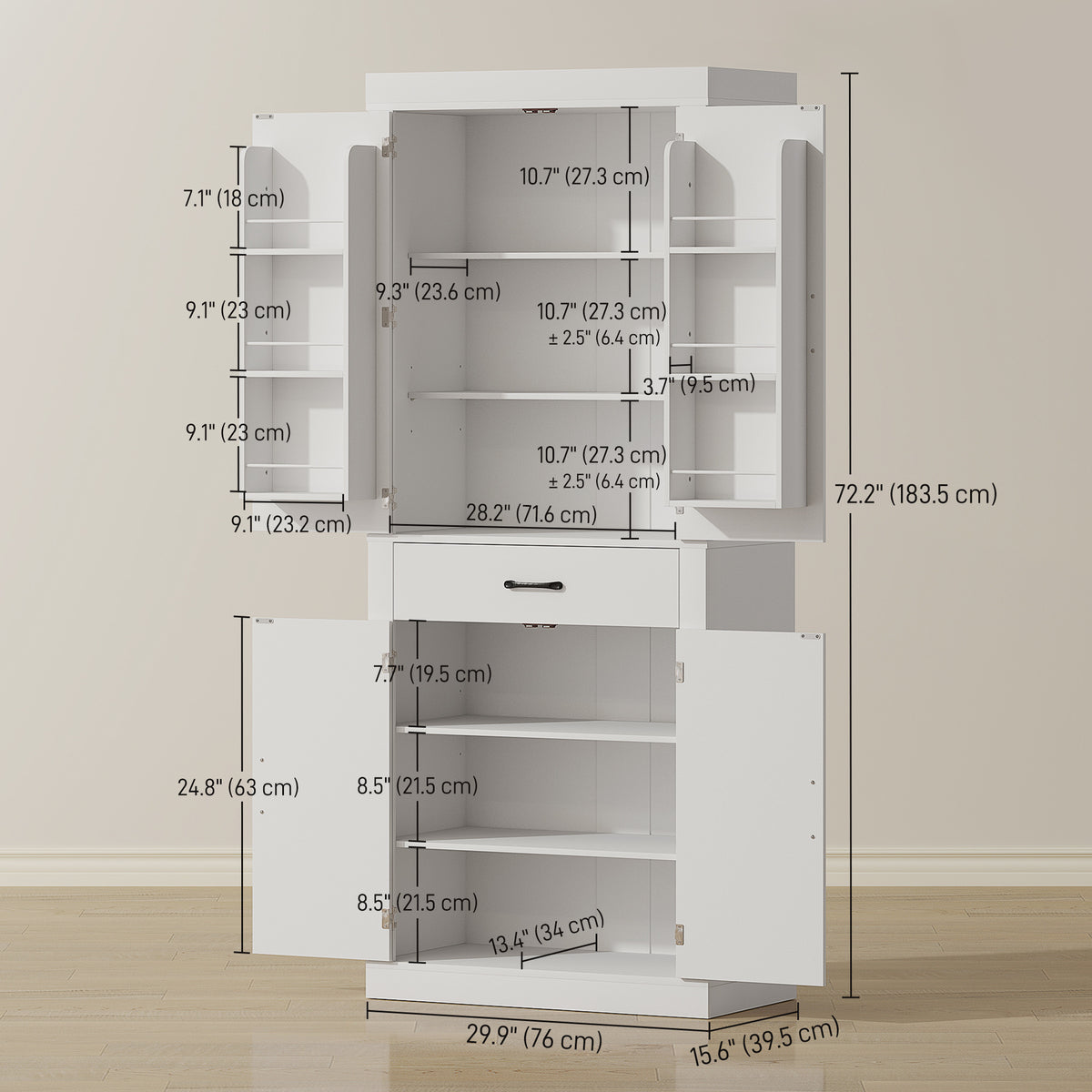 Farmhouse Kitchen Storage Cabinet with 4 Barn Doors – 30"W x 72"H