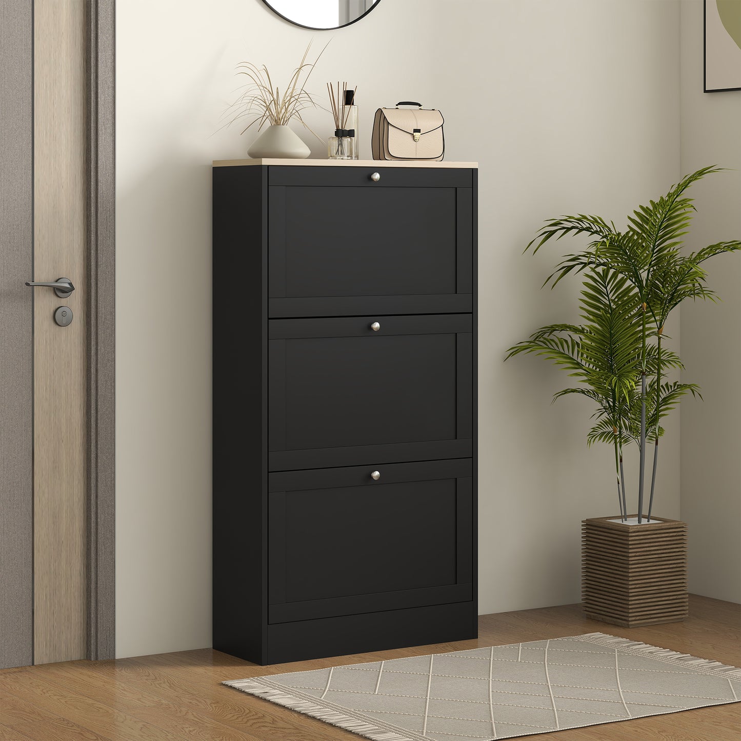 Modern Black Shoe Cabinet: 3 Flip Drawers, Adjustable Storage for 18 Pairs