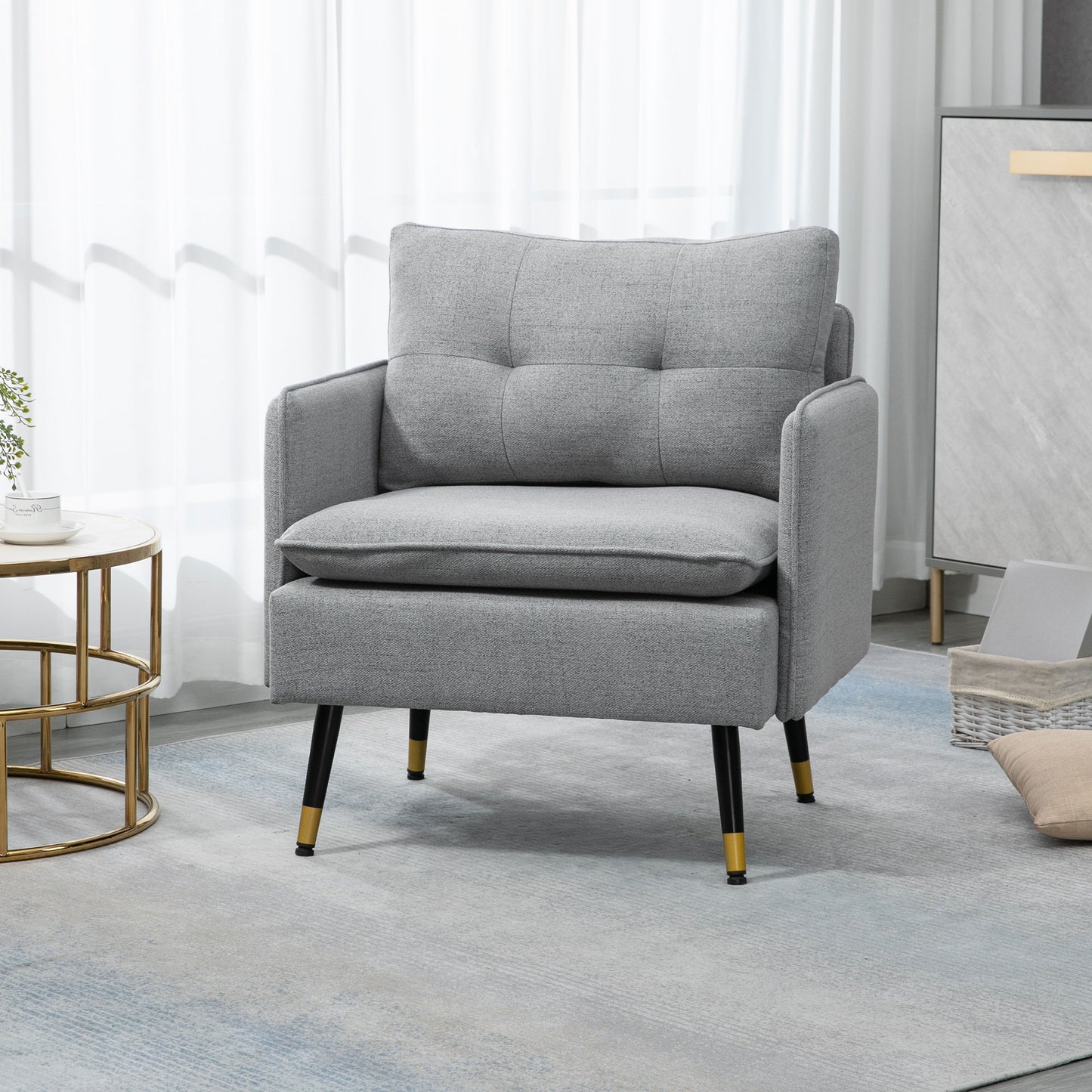 HOMCOM Grey Upholstered Accent Chair, Button Tufted Fabric Armchair, Steel Legs
