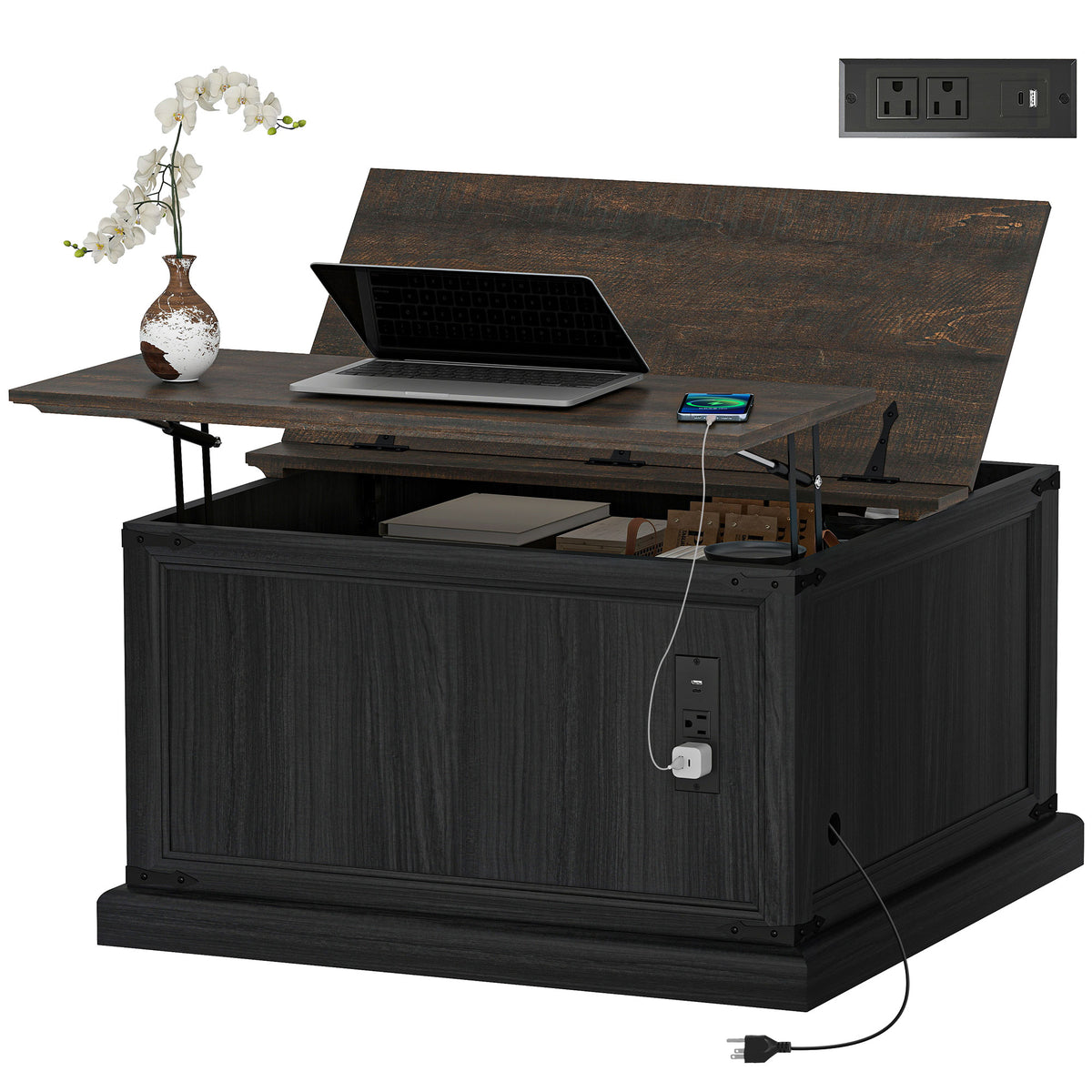 Square Lift-Top Coffee Table with Charging Station and Hidden Storage