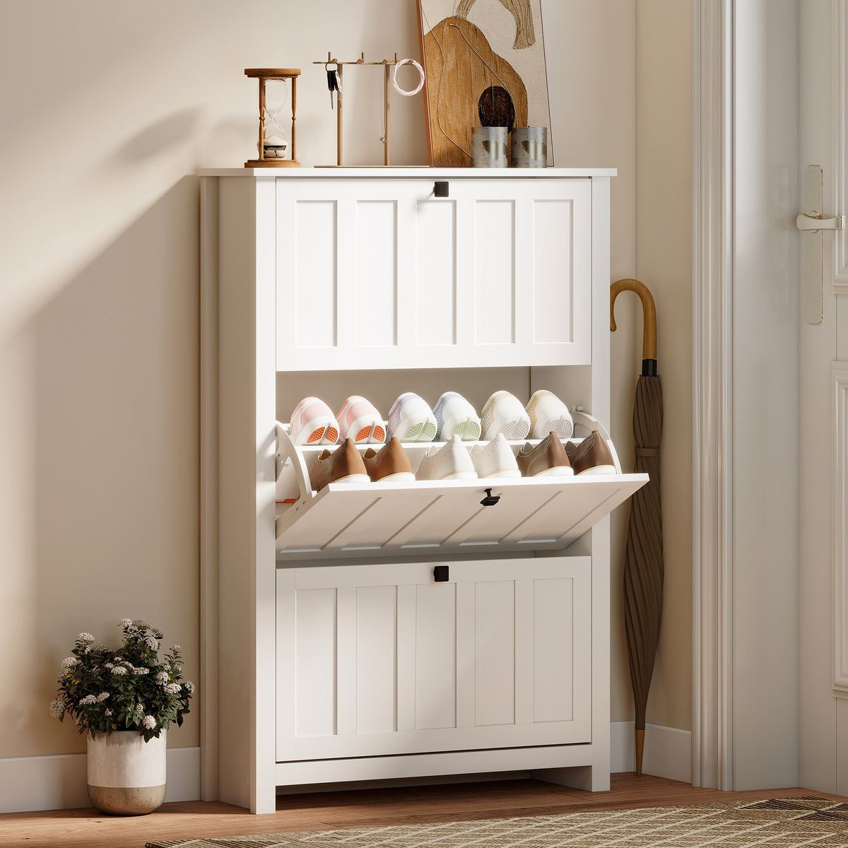 Slim Shoe Cabinet with 3 Flip Drawers – 31"W x 47"H