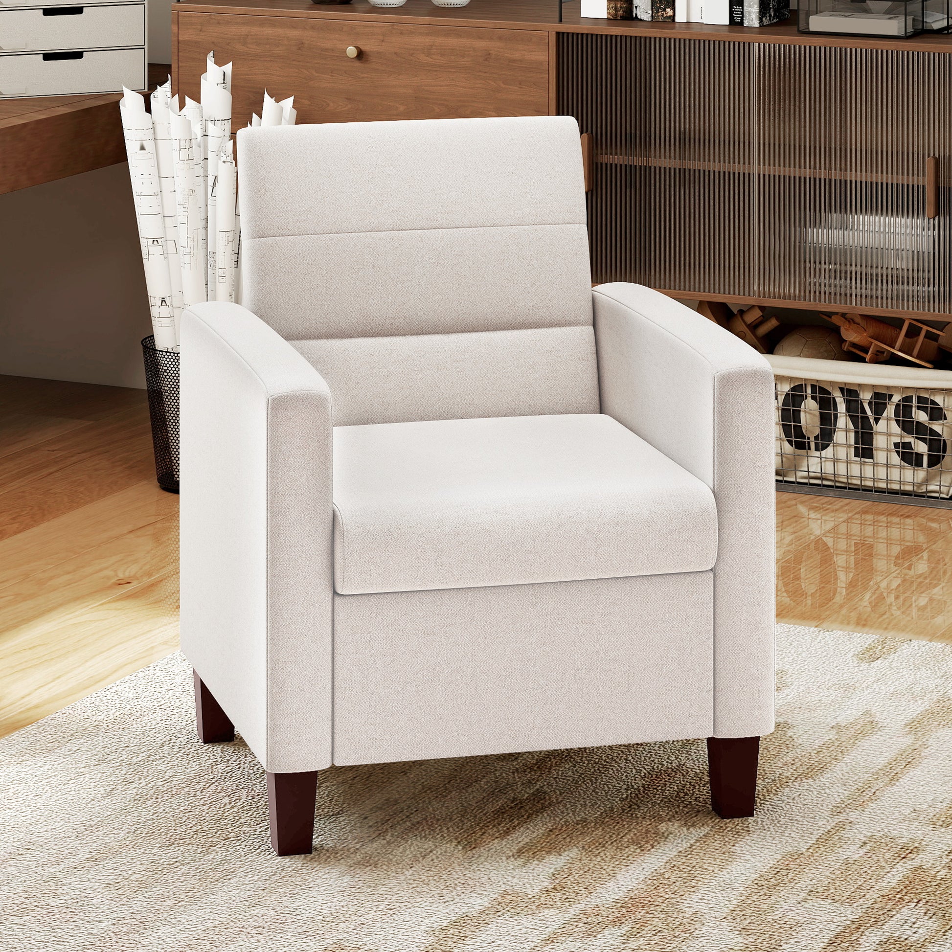 Modern Cream White Fabric Accent Armchair with Supportive Cushion & Non-Slip Pads