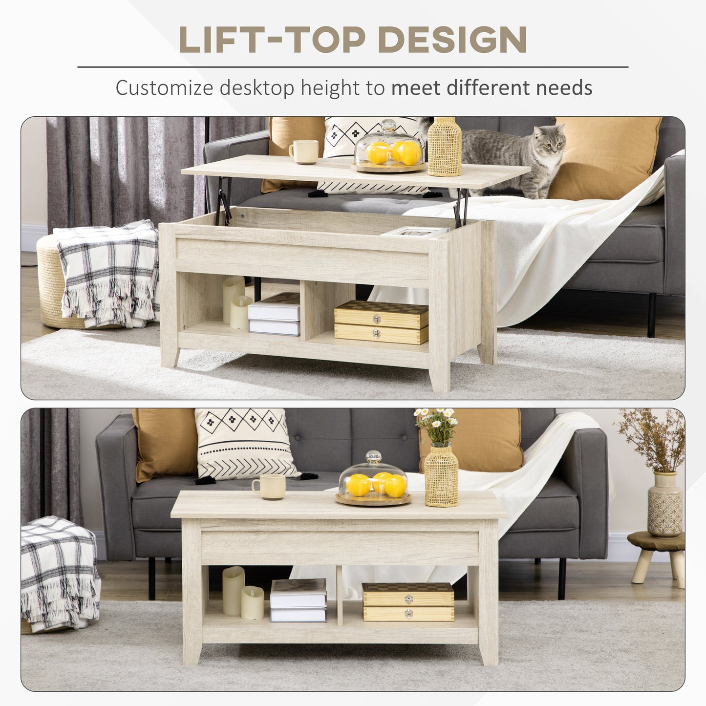 HOMCOM Lift Top Coffee Table with Hidden Storage, Open Shelves, Pop-Up Center Table, Oak Effect