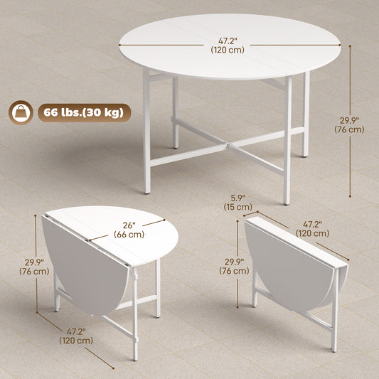 47" Round Drop Leaf Folding Dining Table for 3-6 with Steel Frame