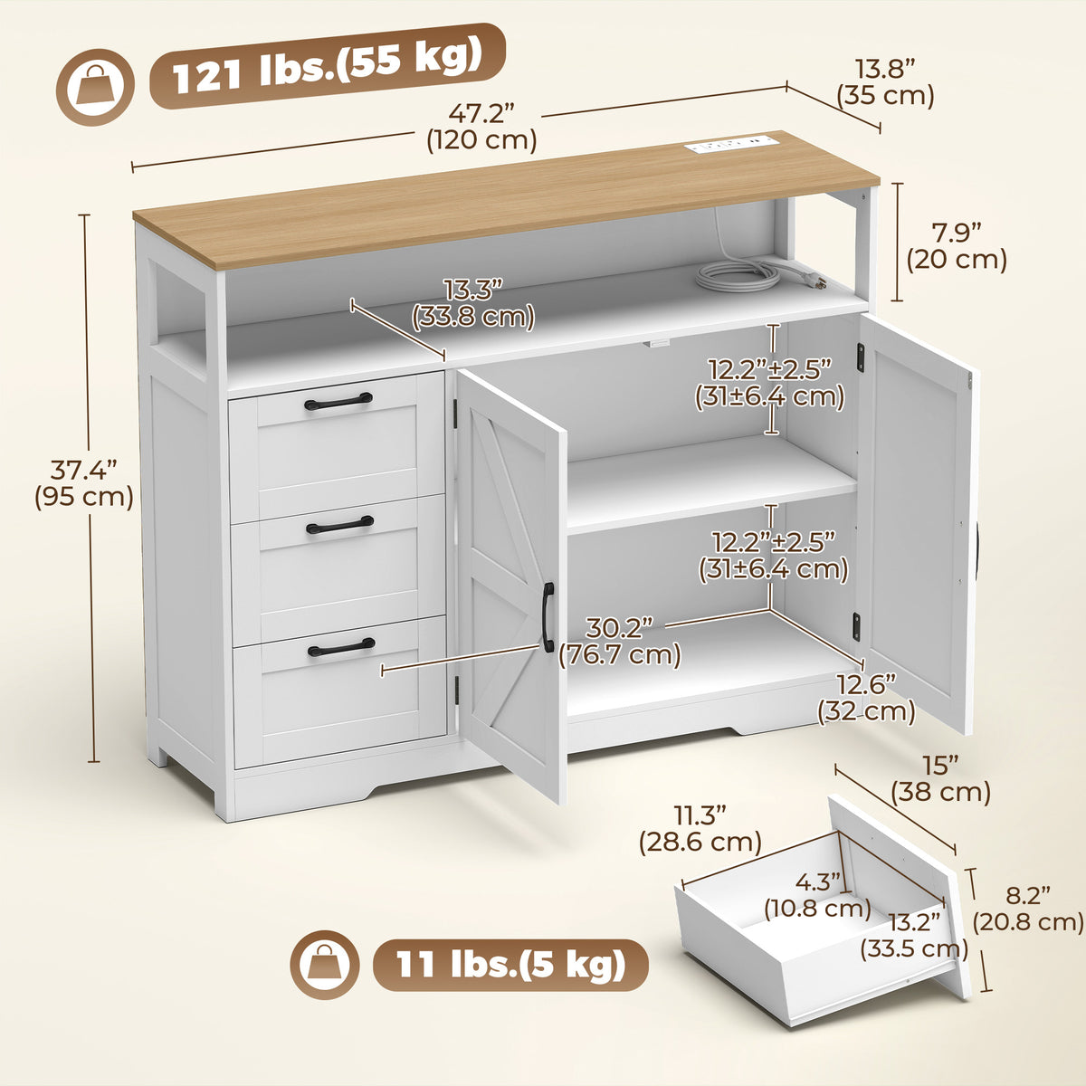 Sideboard Buffet Cabinet with Storage and Charging Station – 47"W x 37"H