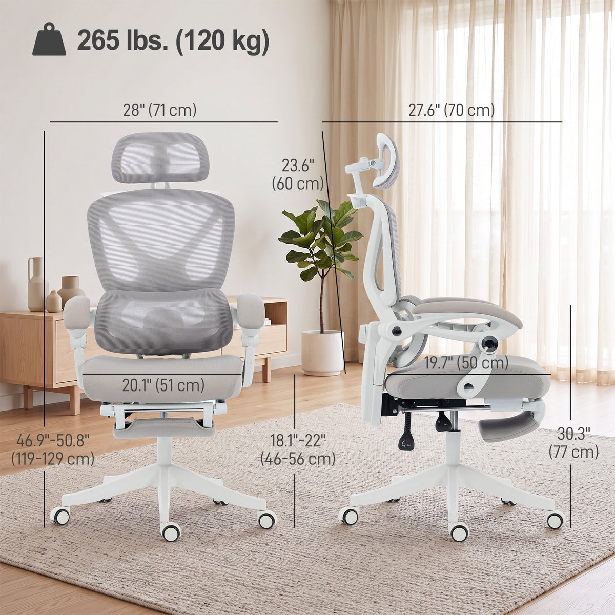 Mesh Desk Chair with Adjustable Headrest, Light Grey