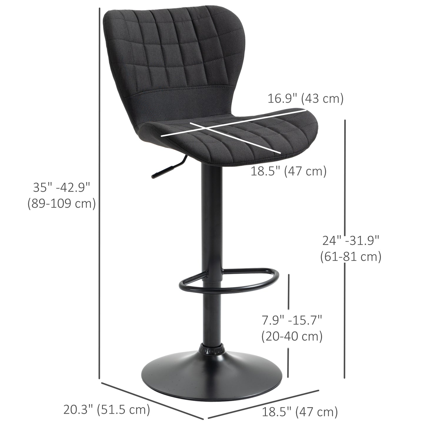 Set of 2 Adjustable Height Swivel Bar Stools, Linen Fabric, Backrest, Footrest, Black