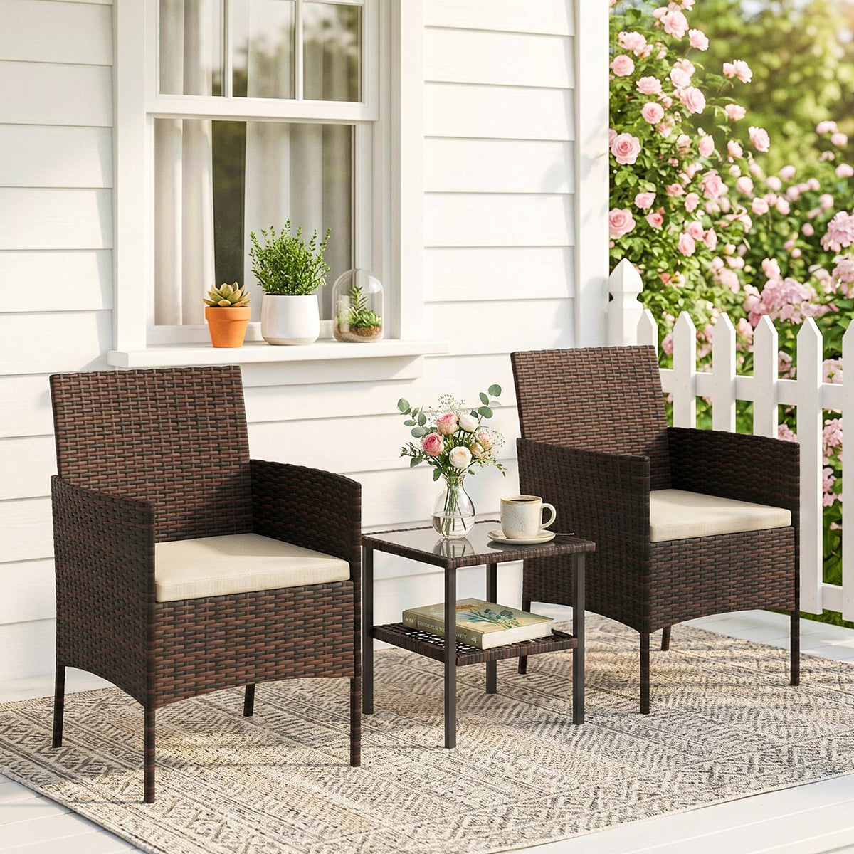 Wicker Bistro Set, 3 Piece Patio Furniture Set with 2-Tier Glass Top Table, Cushions for Balcony, Porch – Khaki – Khaki
