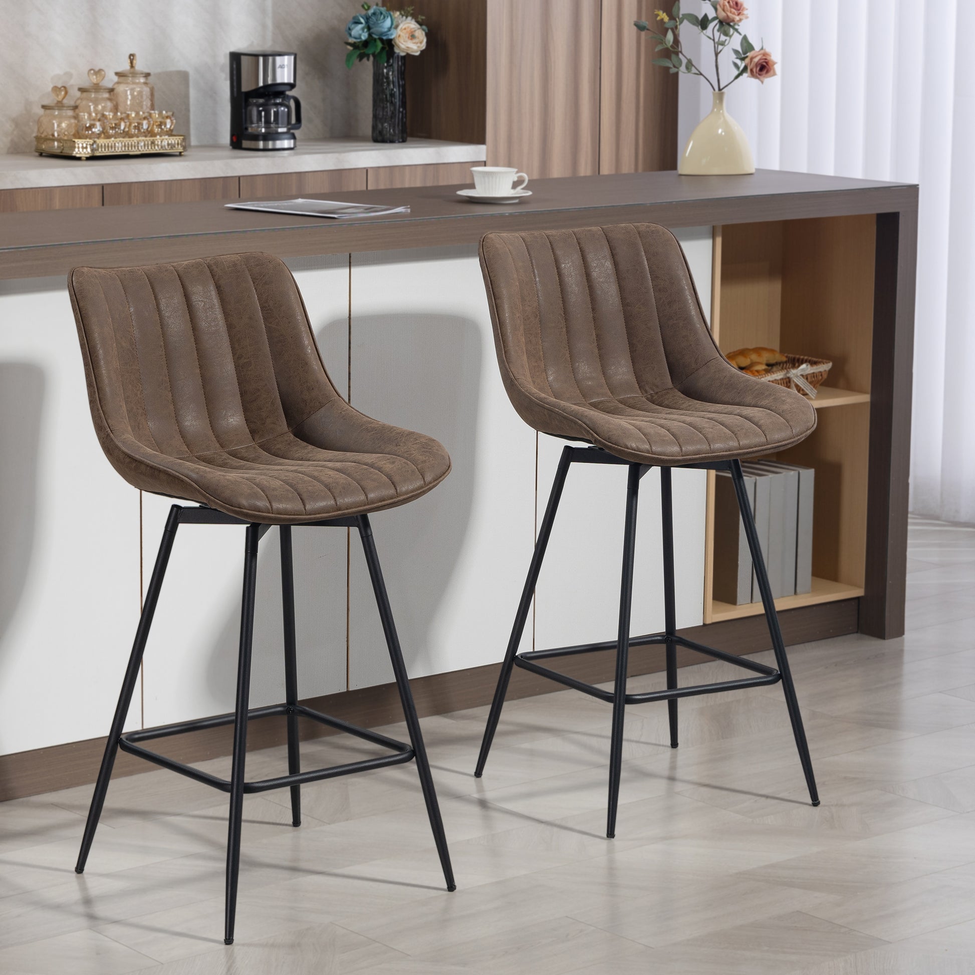 HOMCOM 2-Pack Counter Height Bar Stools, Brown PU Leather, Steel Legs