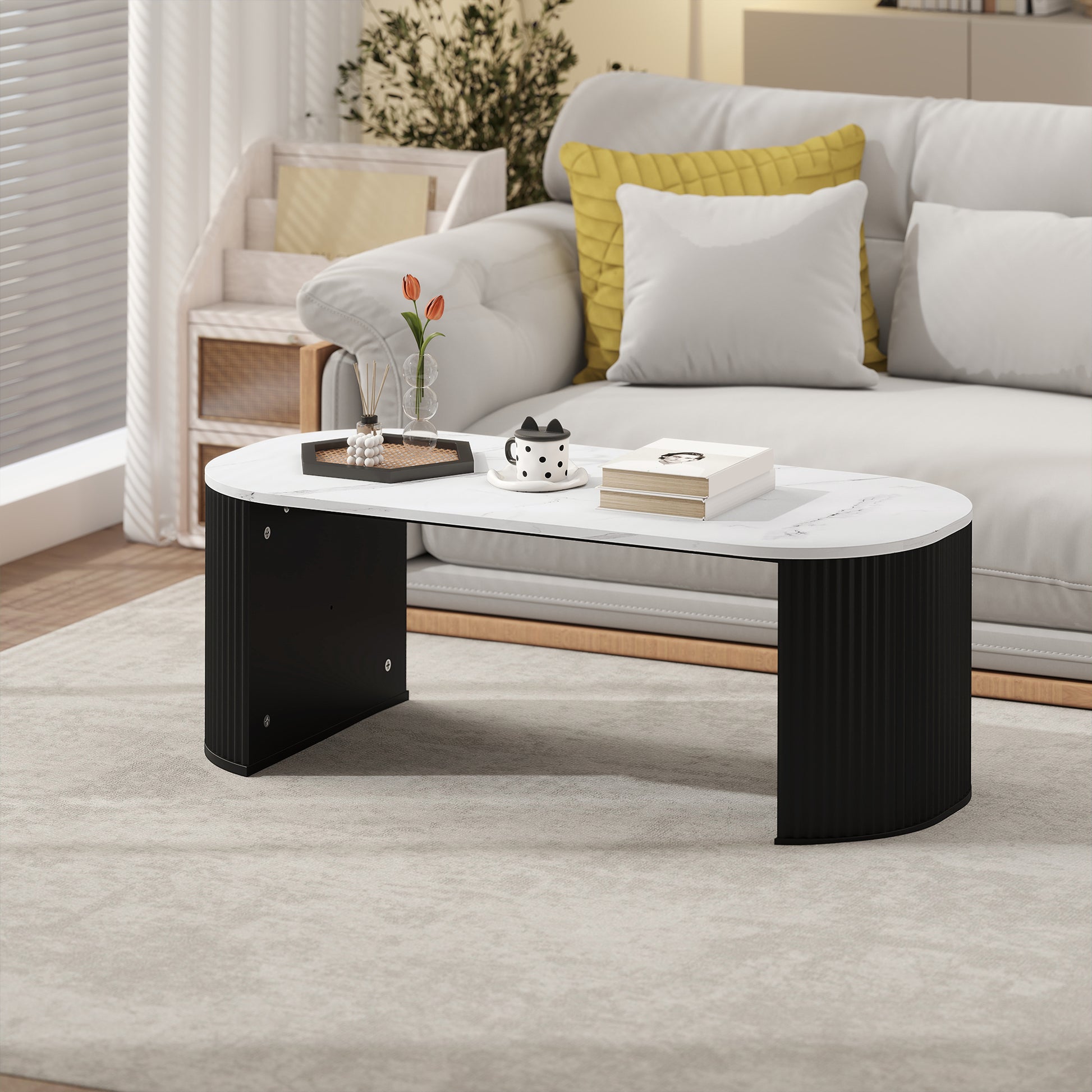 HOMCOM Modern Marble-Effect Coffee Table, Rounded Corners, Thick Black Legs