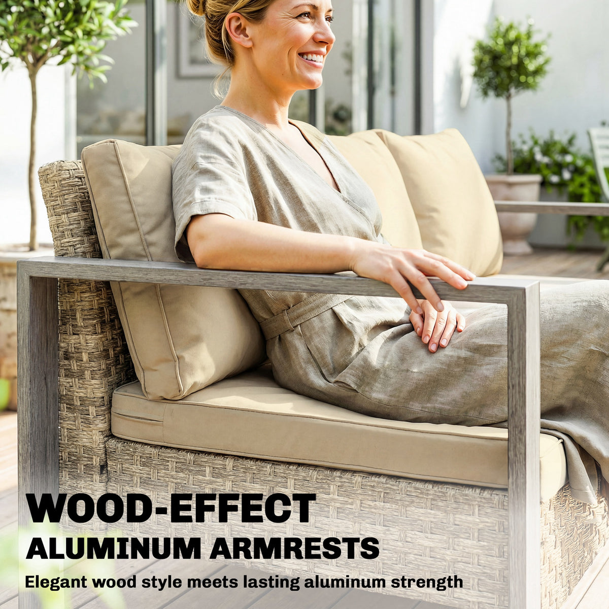3-Seater Outdoor Couch, PE Wicker Patio Sofa with Deep Seat, Wood-Effect Aluminum Armrests, Cushions