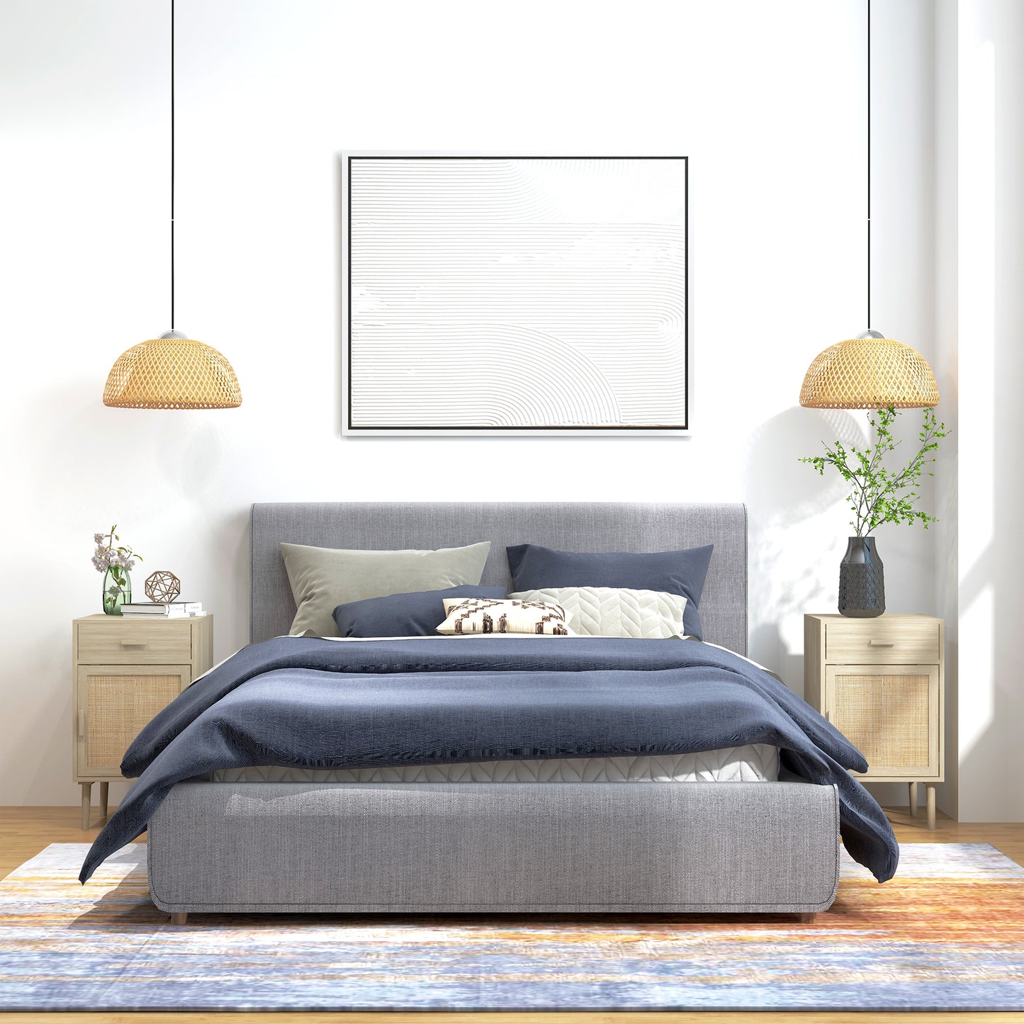 Boho Rattan Bedside Tables Set of 2 with Drawer, Adjustable Shelf, Oak Finish