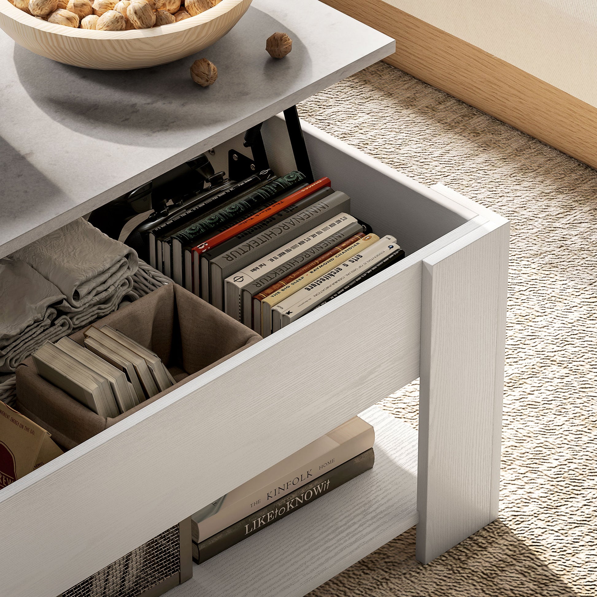 Modern White Lift Top Coffee Table with Hidden Storage and Open Shelf
