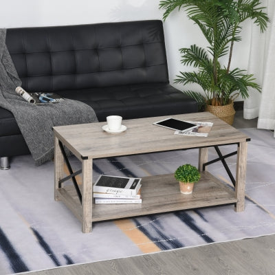 Industrial Coffee Table with Bottom Storage Shelf, Metal X-Bar Design