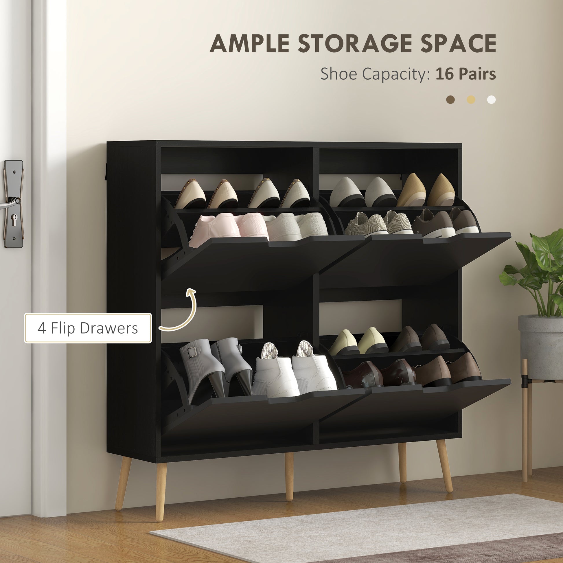 HOMCOM Modern Black Shoe Cabinet, 4 Flip Drawers, Adjustable 16-Pair Storage