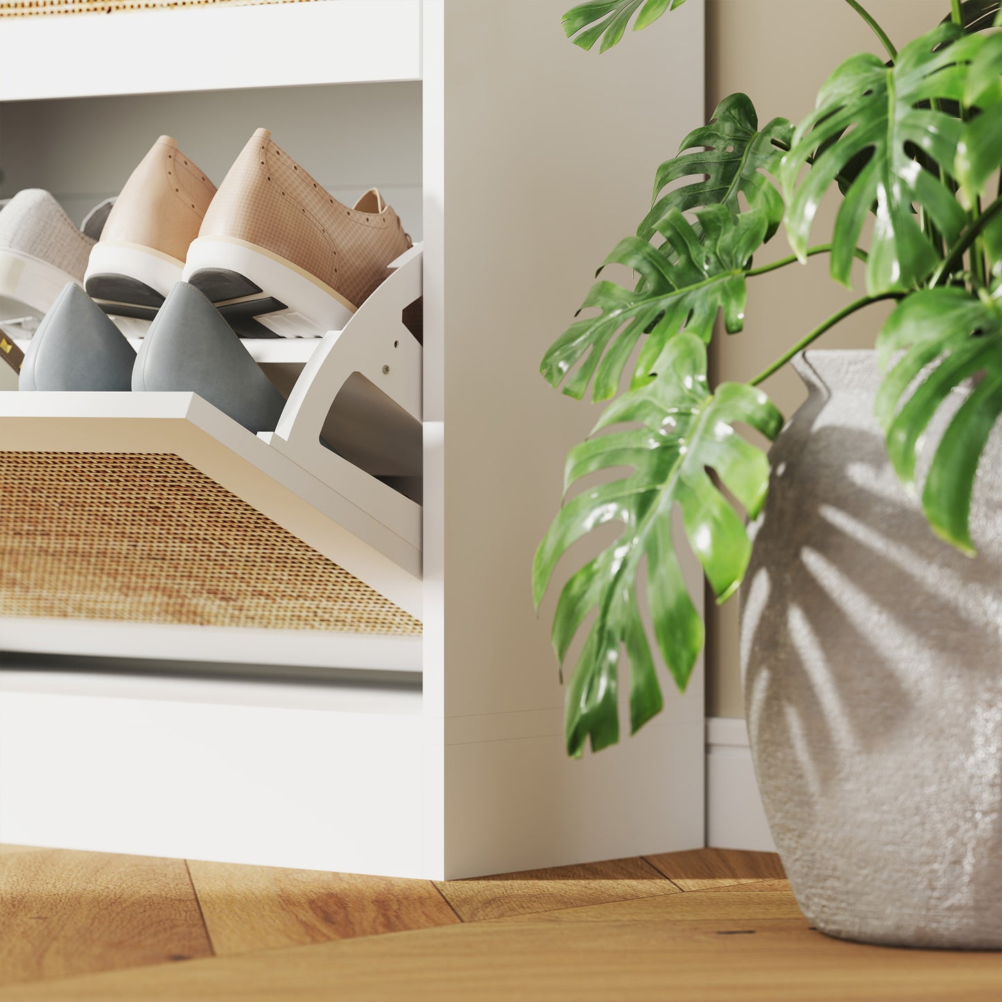 HOMCOM White Rattan Entryway Shoe Cabinet, 3 Flip Drawers, Adjustable Shelves