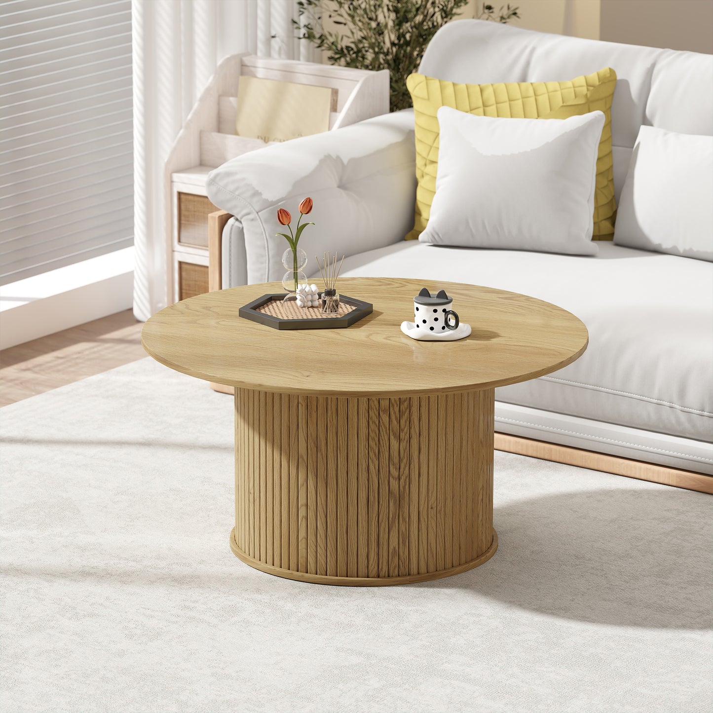 HOMCOM Nordic Round Oak Coffee Table with Fluted Cylindrical Base for Living Room