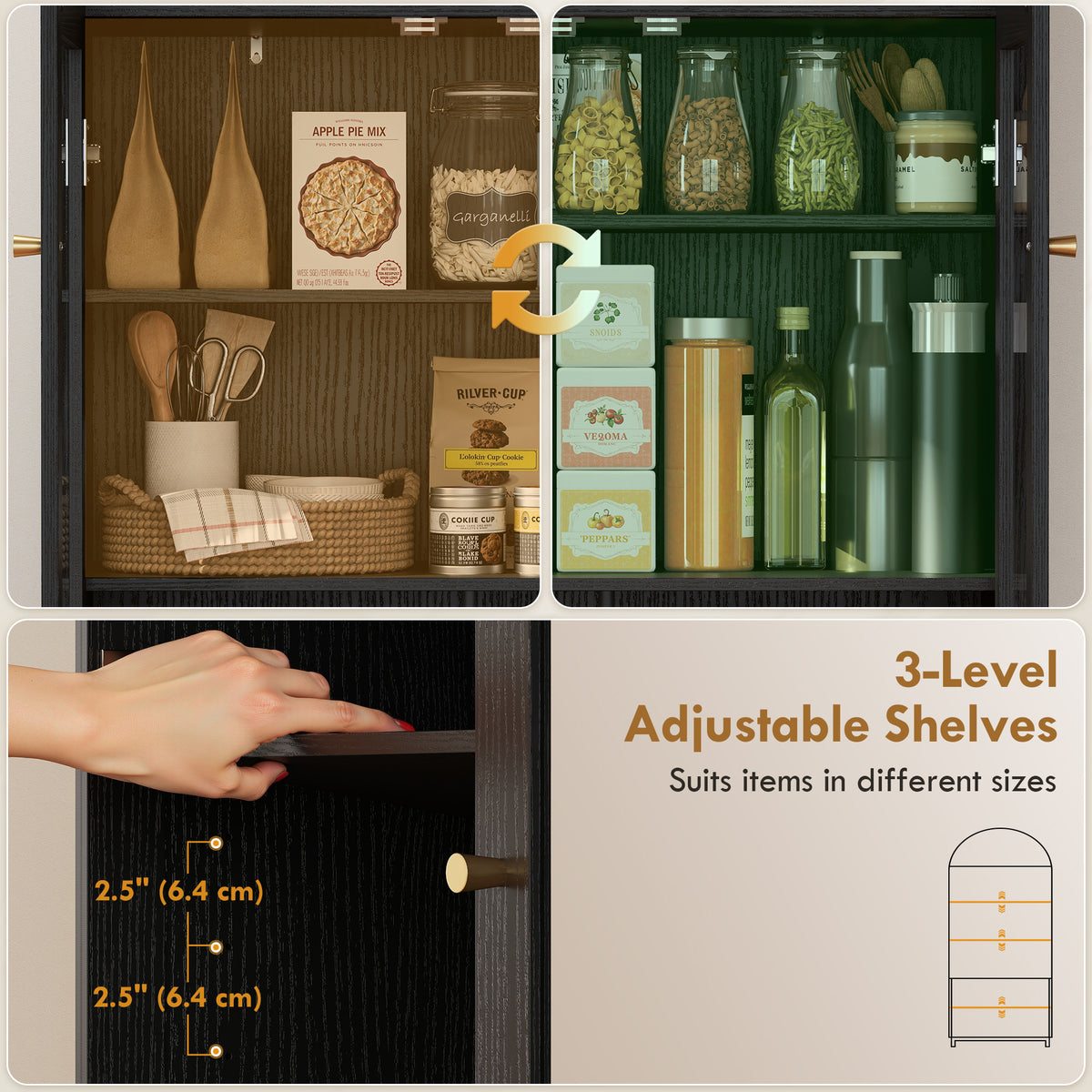 Farmhouse Kitchen Storage Cabinet with Acrylic Glass Doors – 31"W x 71"H
