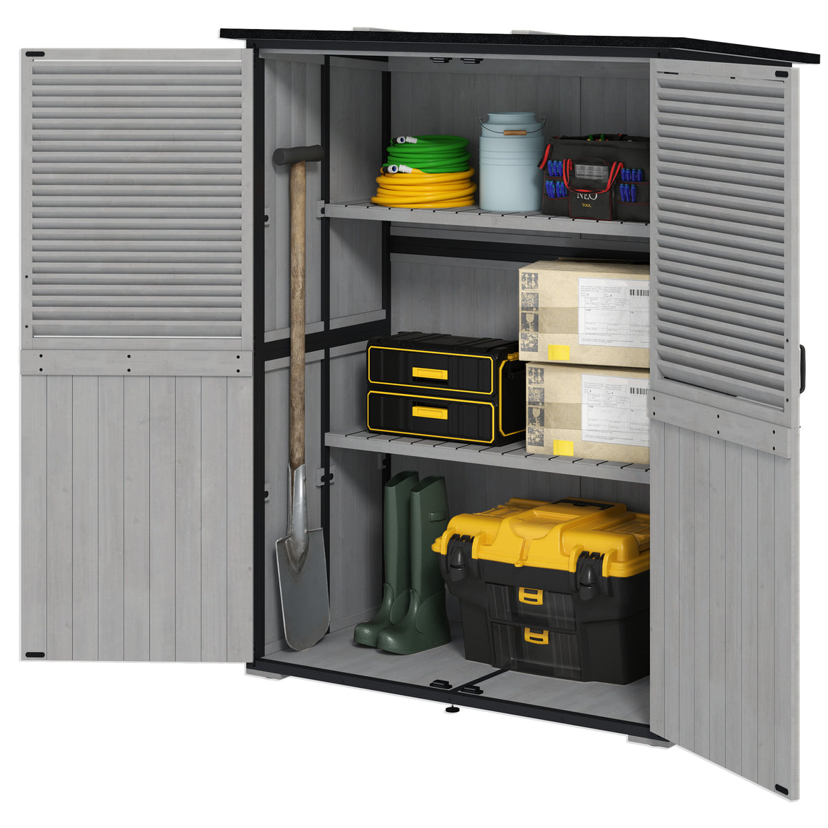Outdoor Storage Cabinet, Wood Garden Shed with Steel Frame, Asphalt Roof, 2 Shelves and Lockable Doors