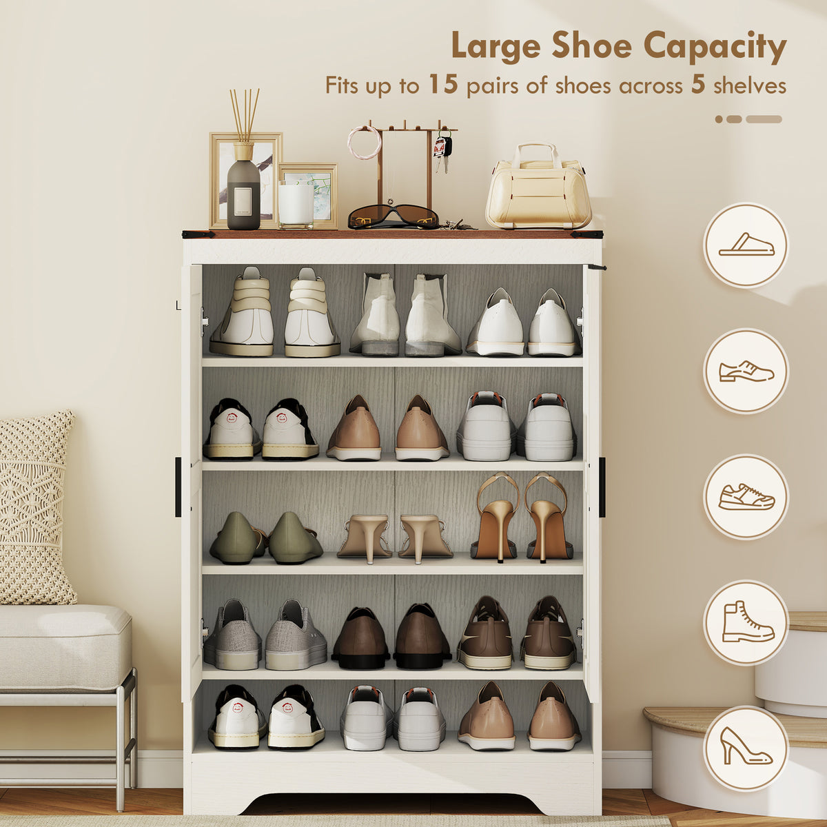5-Tier Shoe Cabinet for 15 Pairs – 30"W x 41"H
