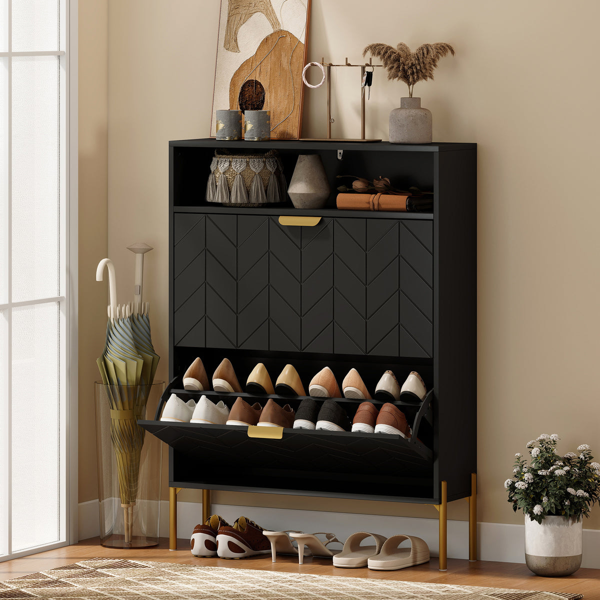 Shoe Cabinet with 2 Flip Drawers – 31"W x 43"H