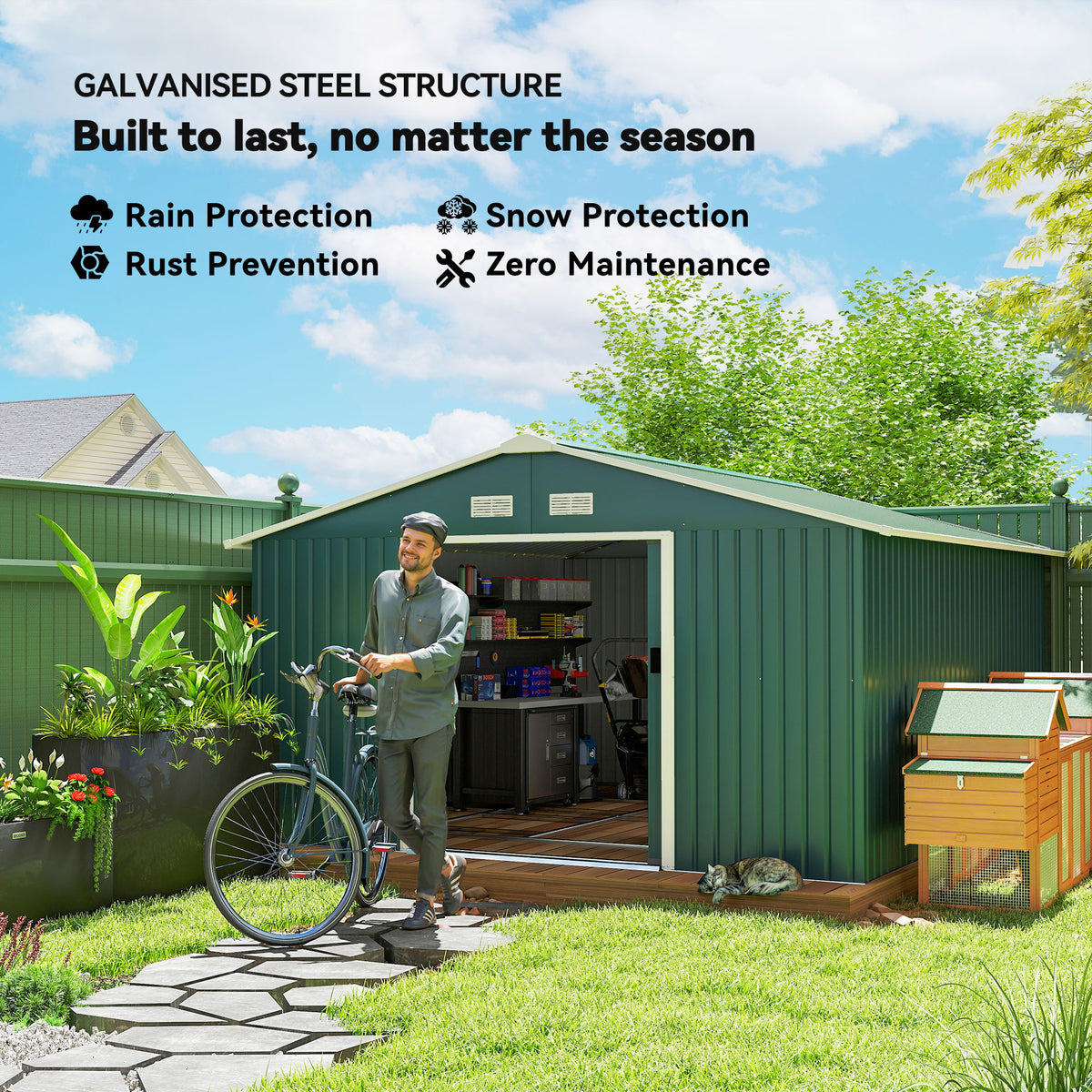 11' x 13'Garden Storage Shed w/ Foundation Kit Metal Tool Storage House w/ Double Doors – Green