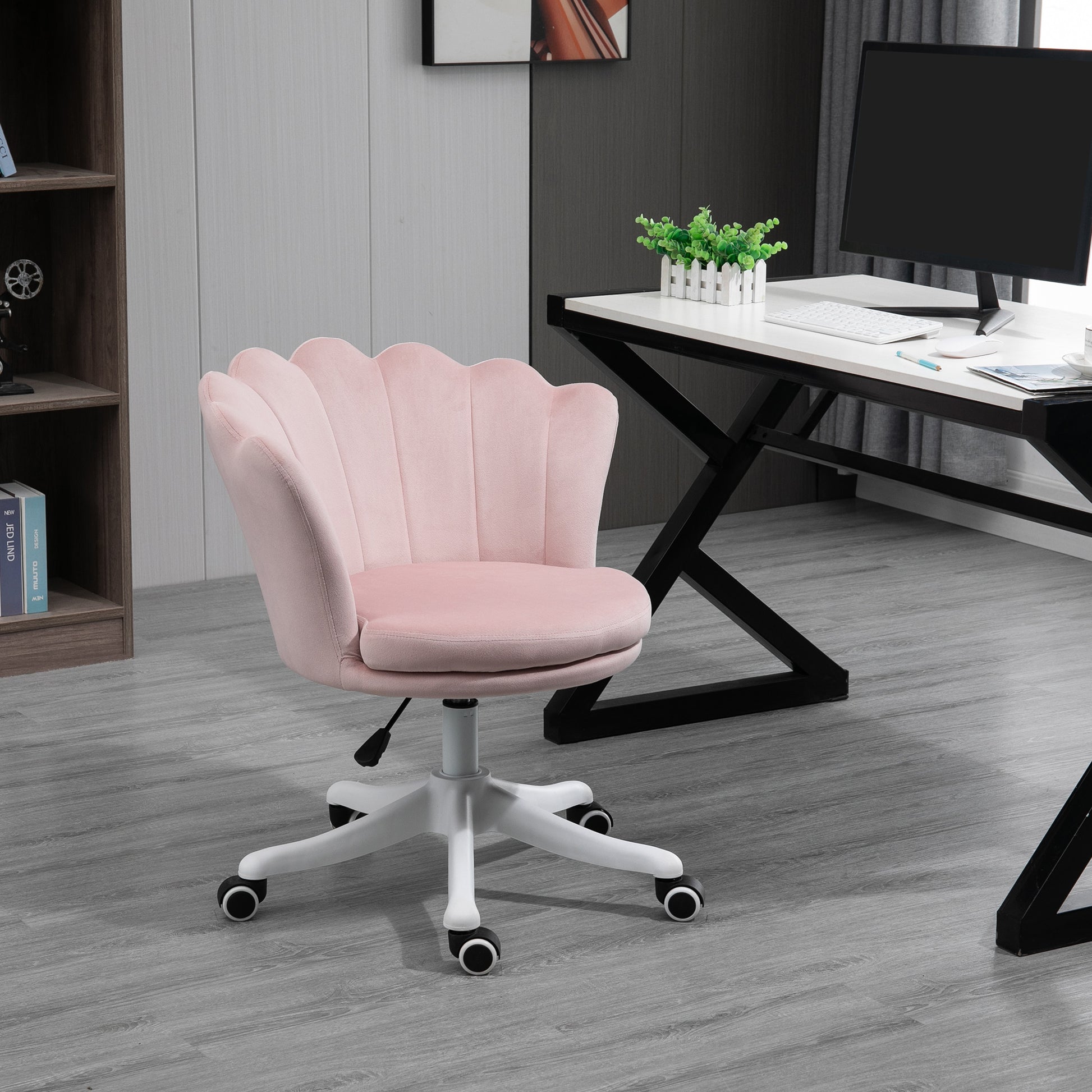 HOMCOM Pink Velvet Scallop Mid-Back Office Chair Adjustable Swivel Desk Computer Chair