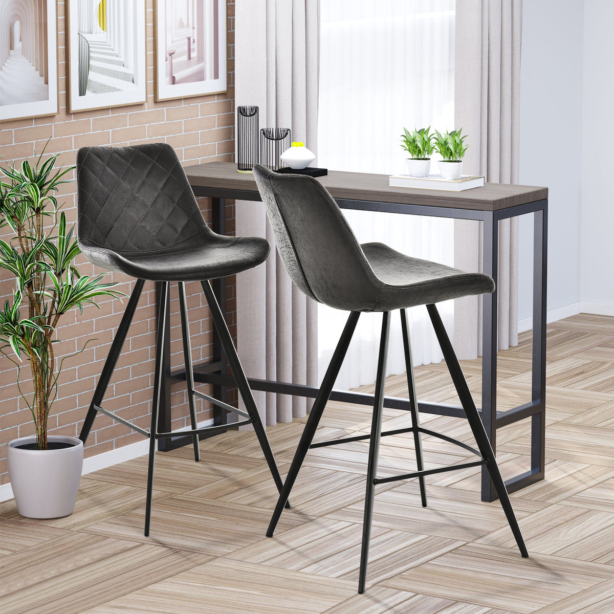 Argyle Microfiber Bar Stools with Metal Legs, Set of 2, Black