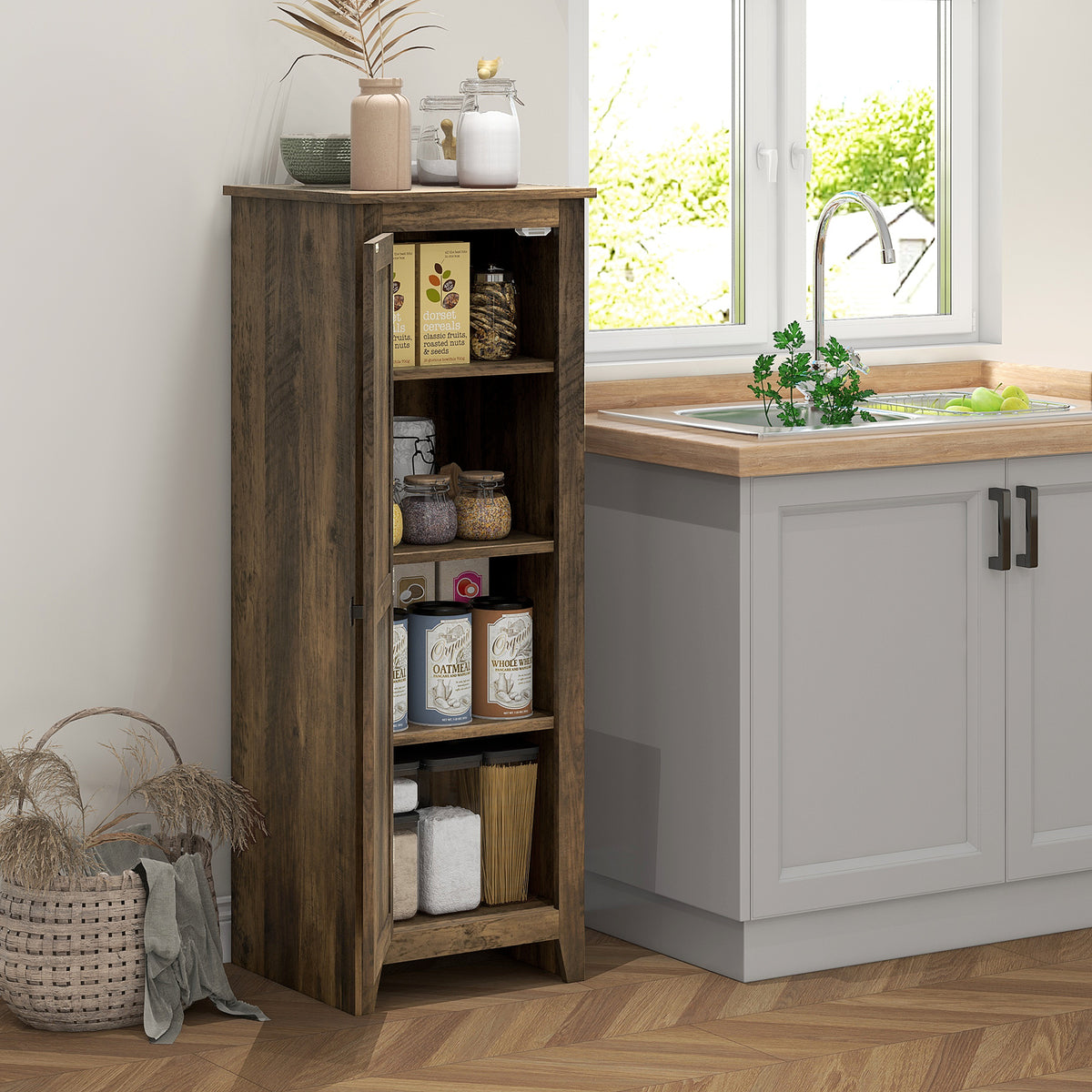 Farmhouse Kitchen Pantry Storage Cabinet with Barn Door – 17"W x 48"H