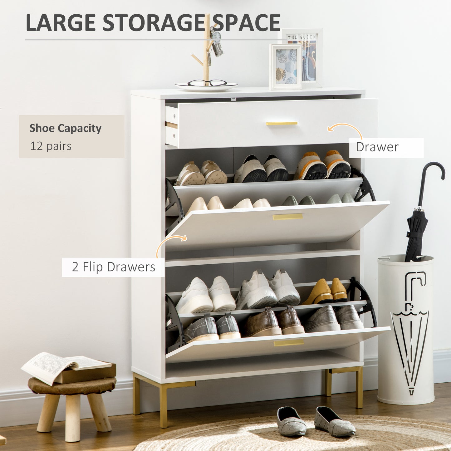 Modern White Shoe Cabinet: 12-Pair Storage, Flip Doors, Drawer, Adjustable Shelf