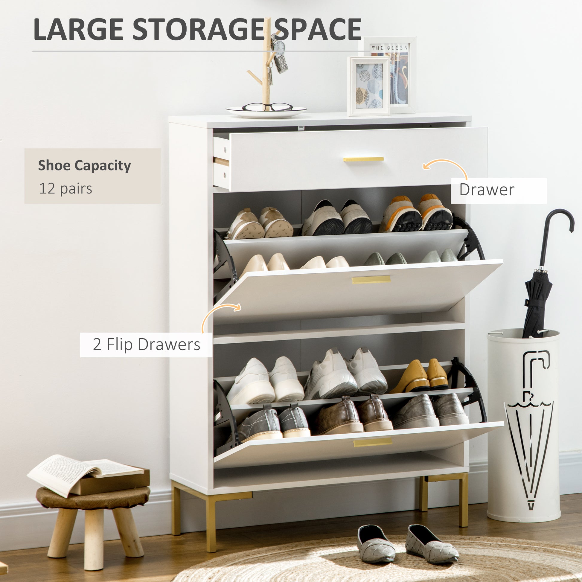 Modern White Shoe Cabinet: 12-Pair Storage, Flip Doors, Drawer, Adjustable Shelf